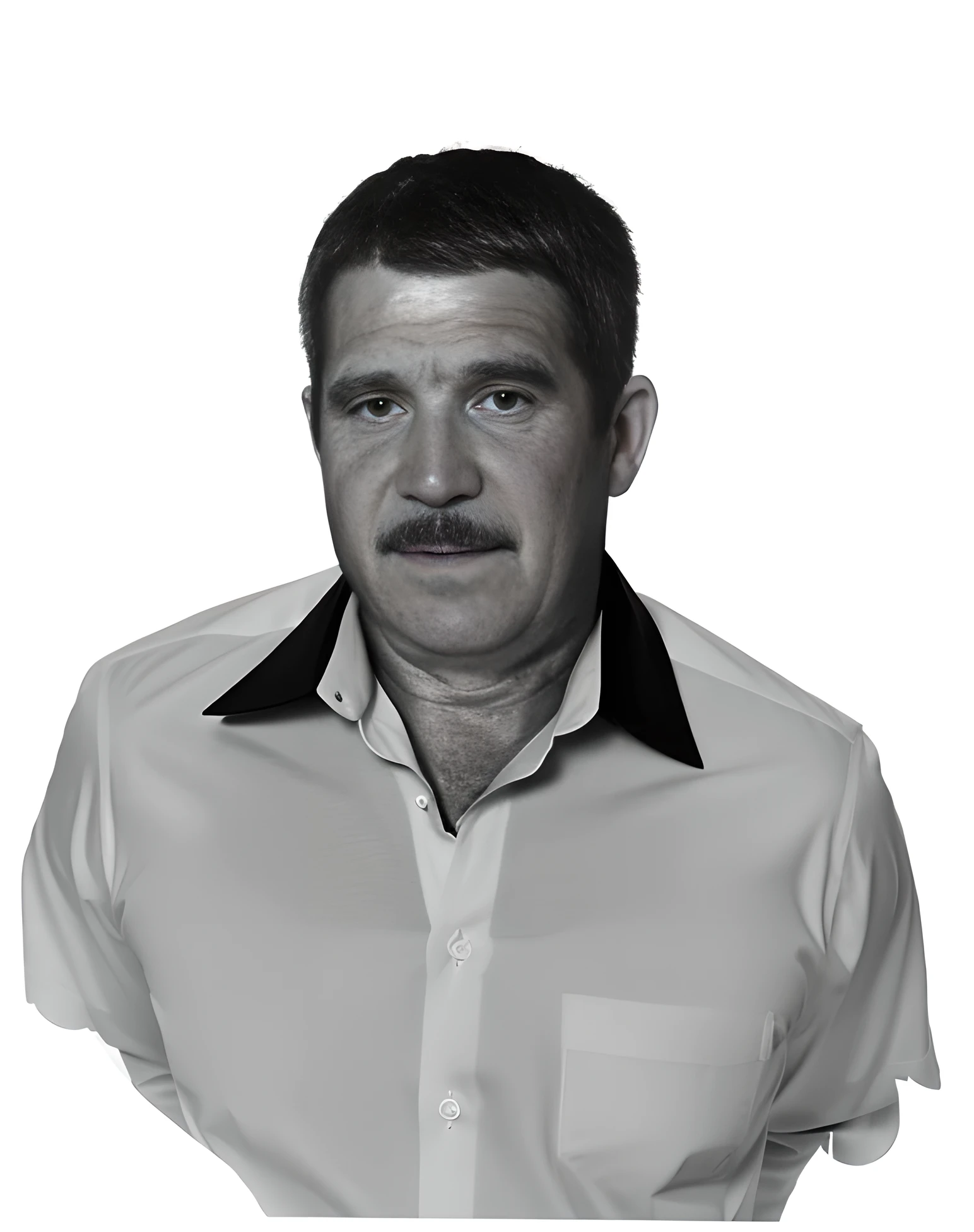 Black and white photo, original, Portrait of a 50-year-old man, White shirt, Unbuttoned, hair, texture, studio photo, HDR