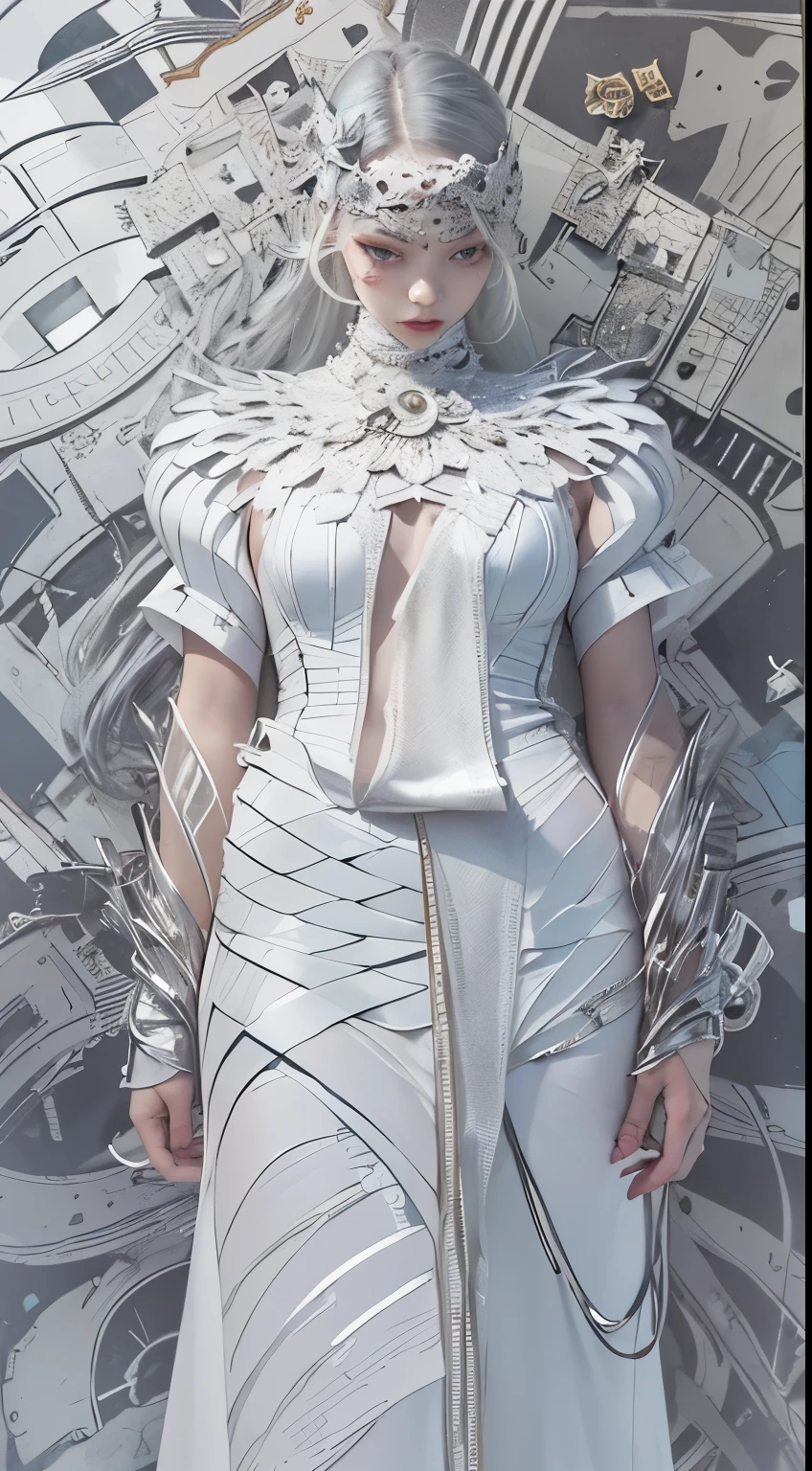 (((alexander mcqueen savage beauty))), ((realistic)), ((best quality)), ((masterpiece)), (ultra details), ((soft light)), 1girl, beautiful face, cute face, avant-garde, (((wearing Maison Margiela))), (((wearing Vivienne Westwood))), Korean girl, wearing avant-garde costume, works of Yayoi Kusama, John galliano dior, john galliano fashion, Martin Margiela, background is ((Fantastic (installation))), background installation art, waving hair, wearing neckless, wearing accessories, jewelry, (silver hair), background paint splatters, background artistic, cool posing, posing, chaos sightseeing, (((wearing comme des garcons))), abstract background, (((background is works of Tadanori Yokoo))), silver, blue, ((fauvism)), (detail tattoo), (detail artistic makeup), ((artistic makeup)), dynamic posing, (((Maison Margiela))), (((Issey Miyake))), (((Alexander McQueen fashion))), avant-garde costume, artistic hairstyle, mechanical, ((abstract background)), sexy posing, standing cool, standing dynamically, Arabic, silver, pearl white, background is modern art, (((background is Tadanori Yokoo))), makeup, vogue, 装苑、SO-EN, Focus on the person, shining composition of the person, ((Masterpiece)), (((highest quality)))), ((Ultra detail)), (Ultra realistic), (Highly detailed CG illustrations), (Very delicate and beautiful), Girls as masterpieces, highest quality, realistic skin, realistic fabrics, realist illustrations focusing on girls, ultra-detailed eyes, in the center front, the most beautiful figure, Create stunning anime artwork, beauty and aesthetics, Background Night view of outdoor pool. The illuminated decorations, water slides, glowing of the light, reflected on the surface of the water, the pool party, night. young beautiful girl, background another world, highly realistic, detailed and high-quality depictions. youthful face, clear eyes, skin is fine, dynamite body are beautiful, bare skin, fingertips and hands is beautiful, wearing accessories, realistically,