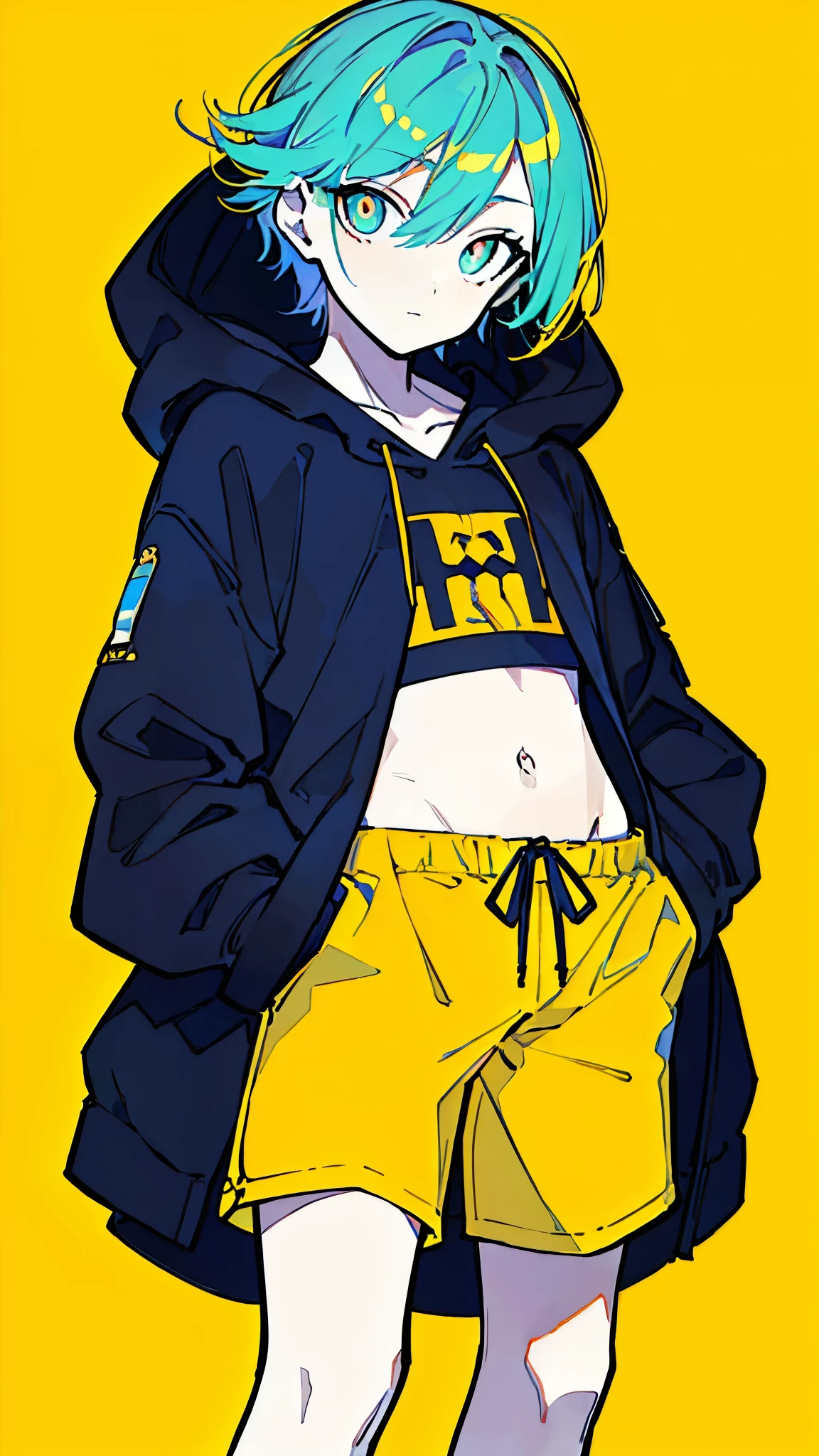 (masterpiece, highest quality:1.6), alone, thick outline, (simple background, Dark yellow background, monochrome, dark yellow theme:1.2), official art, Key Visual, 8K, disorganized, whole body, (Unique hair, Oversized Hoodies, hot pants, arch back, short torso:1.2), belly button, thighs, cowboy shot, HDR, sharp focus, High resolution, most detailed, very detailed, Super detailed, finely, detailed eyes and face, sharp pupils, realistic student, solo, contrast between yellow and light blue, solo, hands in pockets