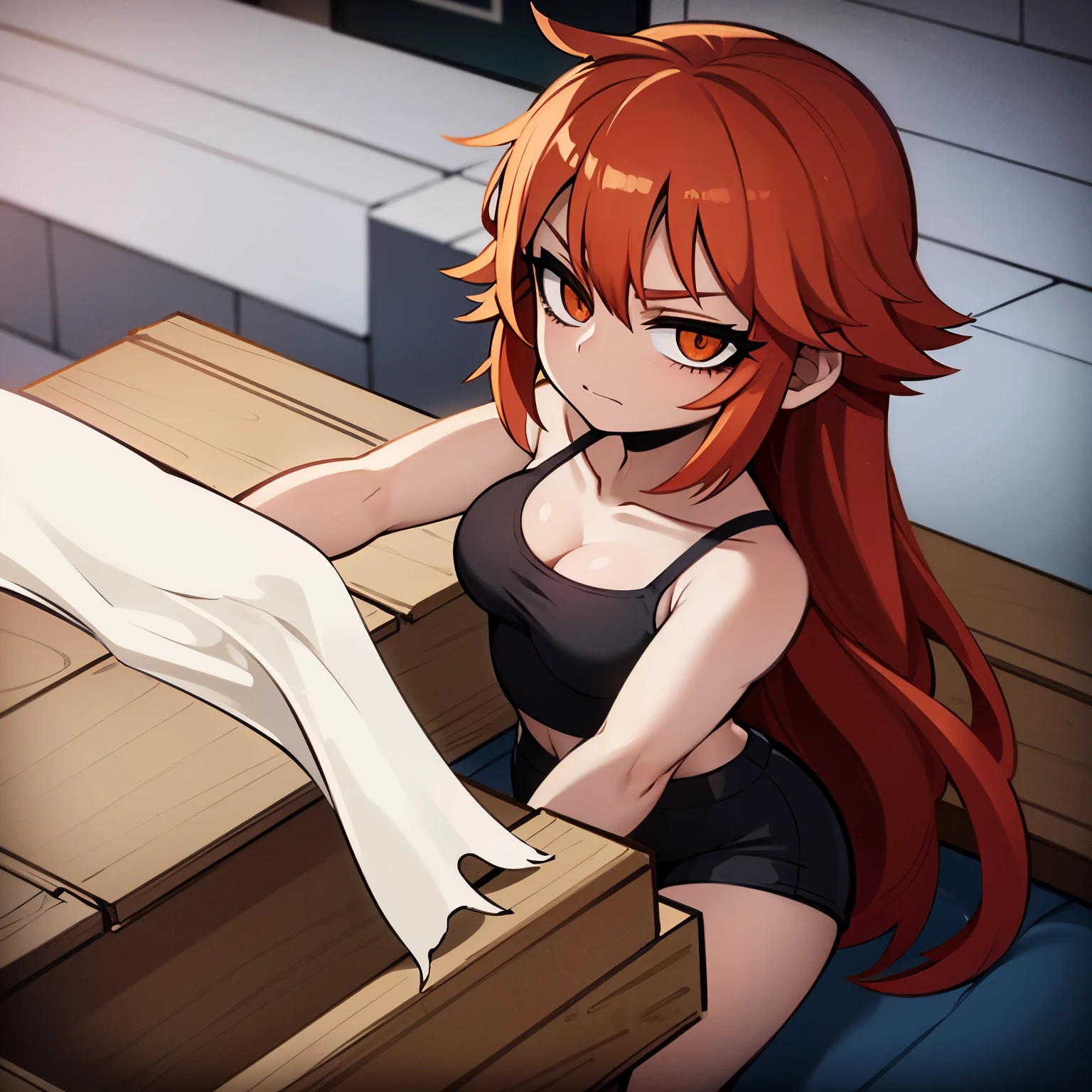 Imagen anime de una chica de cabello naranja y muy corto que es muy musculosa