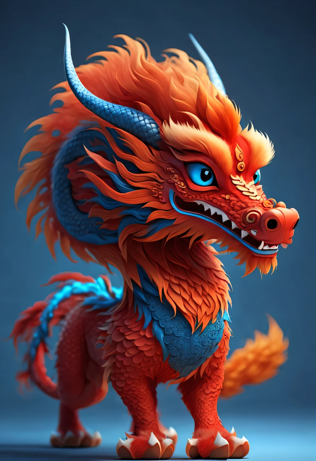 3d rendering, realistic fur, red wallpaper, Simple modern style, beautiful wallpaper,(The cute anthropomorphic zodiac dragon takes an exaggerated gait),Super exaggerated,orange fur, big blue eyes, Narrow your eyes and smile mischievously , wearing scarlet clothes, Wearing an embroidered hoodie, (Neck is super long:0.85),Slender and well-proportioned, frontal portrait, (looking at camera), Beijing, 🦑 design), 杂志design风格,