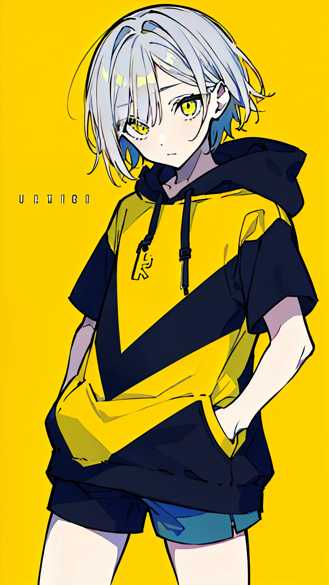 (masterpiece, highest quality:1.6), alone, thick outline, (simple background, Dark yellow background, monochrome, dark yellow theme:1.2), official art, Key Visual, 8K, disorganized, whole body, (Unique hair, Oversized Hoodies, hot pants, arch back, short torso:1.2), belly button, thighs, cowboy shot, HDR, sharp focus, High resolution, most detailed, very detailed, Super detailed, finely, detailed eyes and face, sharp pupils, realistic student, solo, contrast between yellow and light blue, solo, hands in pockets