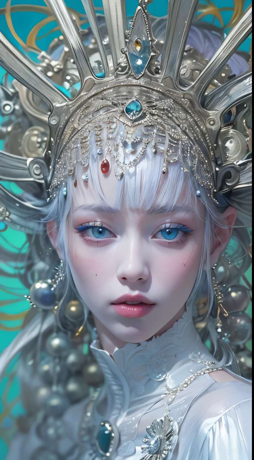 (((alexander mcqueen savage beauty))), ((realistic)), ((best quality)), ((masterpiece)), (ultra details), ((soft light)), 1girl, beautiful face, cute face, avant-garde, (((wearing Maison Margiela))), (((wearing Vivienne Westwood))), wearing avant-garde costume, works of Yayoi Kusama, John galliano dior, john galliano fashion, Martin Margiela, background is ((Fantastic (installation))), background installation art, waving hair, wearing neckless, wearing accessories, jewelry, (silver hair), background paint splatters, background artistic, cool posing, posing, chaos sightseeing, (((wearing comme des garcons))), abstract background, (((background is works of Tadanori Yokoo))), silver, blue, ((fauvism)), (detail tattoo), (detail artistic makeup), ((artistic makeup)), dynamic posing, (((Maison Margiela))), (((Issey Miyake))), (((Alexander McQueen fashion))), avant-garde costume, artistic hairstyle, mechanical, ((abstract background)), sexy posing, standing cool, standing dynamically, Arabic, silver, pearl white, background is modern art, (((background is Tadanori Yokoo))), makeup, vogue, 装苑、SO-EN, Focus on the person, shining composition of the person, ((Masterpiece)), (((highest quality)))), ((Ultra detail)), (Ultra realistic), (Highly detailed CG illustrations), (Very delicate and beautiful), Girls as masterpieces, highest quality, realistic skin, realistic fabrics, realist illustrations focusing on girls, ultra-detailed eyes, in the center front, the most beautiful figure, Create stunning anime artwork, beauty and aesthetics, Background Night view of outdoor pool. The illuminated decorations, water slides, glowing of the light, reflected on the surface of the water, the pool party, night. young beautiful girl, background another world, highly realistic, detailed and high-quality depictions. youthful face, clear eyes, skin is fine, dynamite body are beautiful, bare skin, fingertips and hands is beautiful, wearing accessories, realistically,