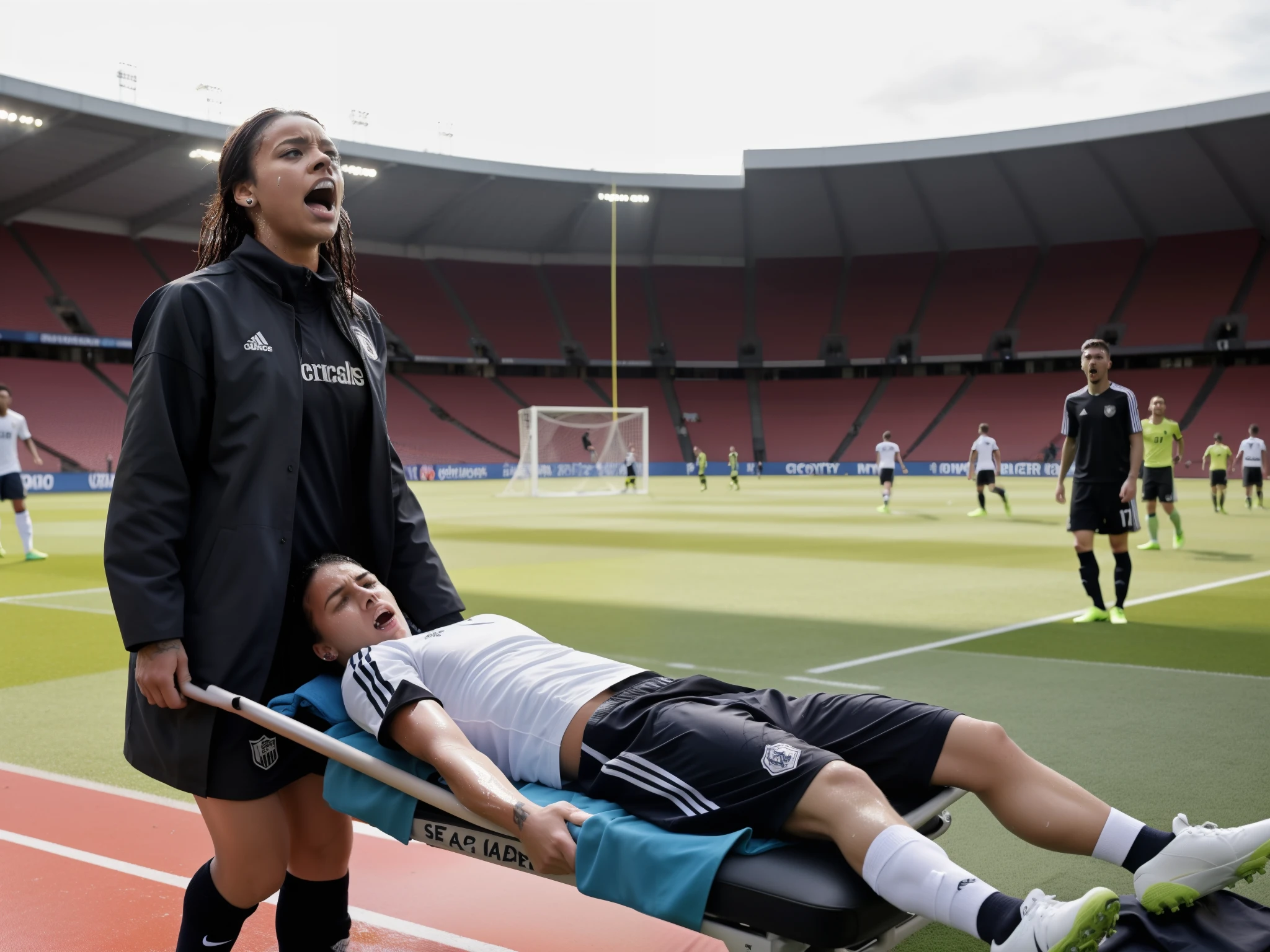 a soccer scene in a sports stadium, cool and wet weather conditions, humide, Rihanna carrying a stretcher, Rihanna in a very shiny coat who are carrying a stretcher in a sports stadium, there is a wounded male soccer player in a matte short cotton sports outfit lying on the stretcher, an injured male soccer player in matte cotton sportswear is lying in pain on a stretcher, a soccer player in matte cotton sports clothes is rearing up in intense pain while lying on a stretcher, dramatic scene, theatralic posing scene, dramatic pity scene, injury soccer, first aid, help, pity, there are four female medics in wetlook high-shine coats who are looking very sad and very terrified and very shocked, the injured soccer player is screaming out in pain while he is carried from the pitch on a stretcher