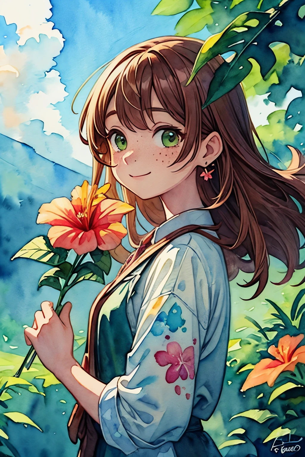 ((Masterpiece)), ((best quality)), (watercolor:1.5),1girl, solo, flower, Hibiscus, freckles, smile, leaf, bangs, signature, yellow flower, brown hair, long hair, green eyes, hair between eyes, flower earring, scumulonimbus cloud, landscape, tropical country,