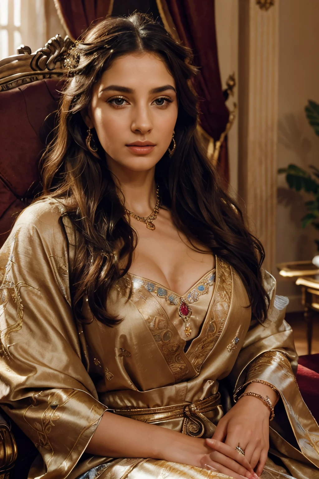 best quality,ultra-detailed,realistic,portrait,beautiful detailed eyes,beautiful detailed lips,richly decorated room,engaging discussions,Roman diplomats,intelligent,diplomatic skills,vibrant colors,warm lighting,exquisite jewelry,flowing robes,royal throne,elegant posture,confident expression,atmospheric background,attentive listeners,thoughtful gestures,authentic historical representation