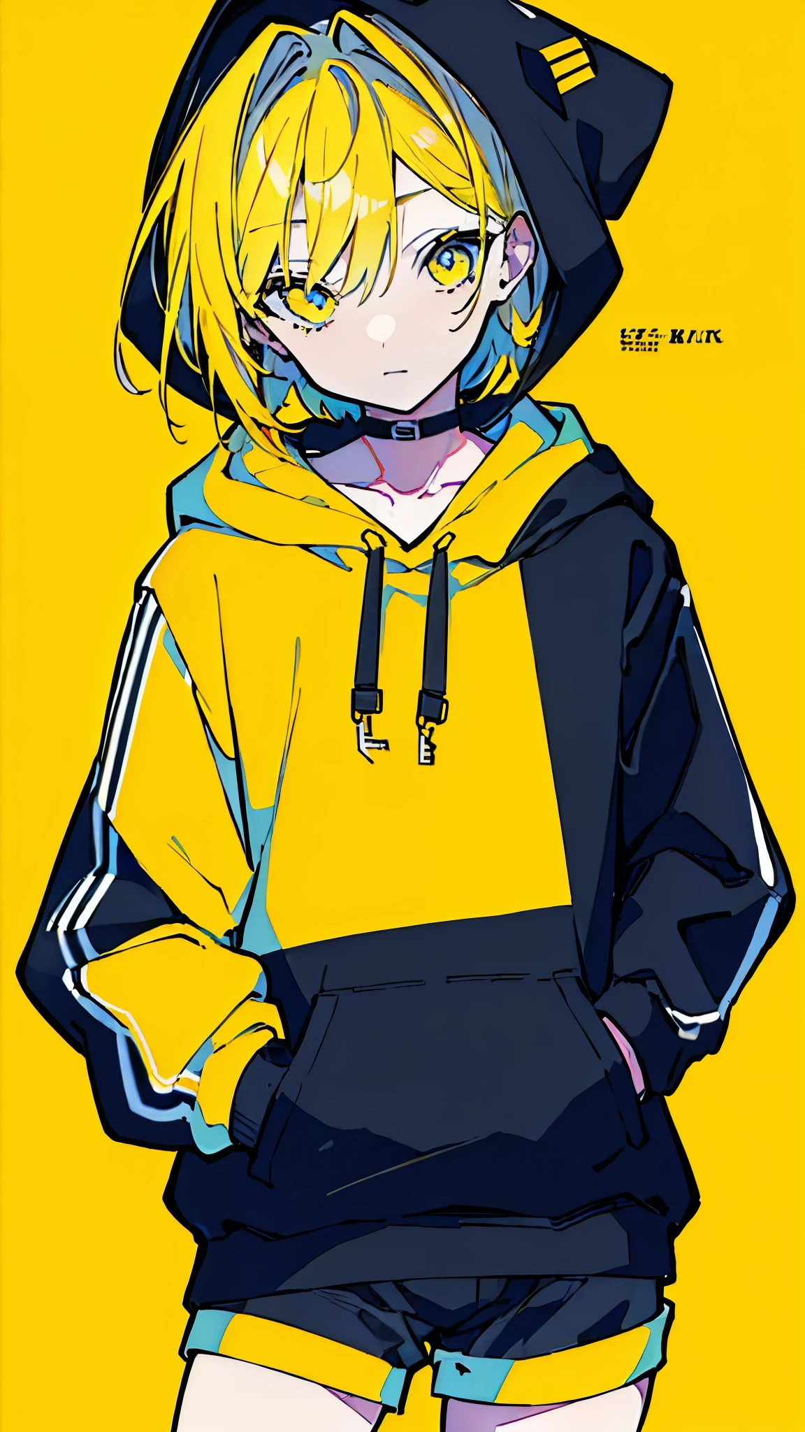 (masterpiece, highest quality:1.6), alone, thick outline, (simple background, Dark yellow background, monochrome, dark yellow theme:1.2), official art, Key Visual, 8K, disorganized, whole body, (Unique hair, Oversized Hoodies, hot pants, arch back, short torso:1.2), belly button, thighs, cowboy shot, HDR, sharp focus, High resolution, most detailed, very detailed, Super detailed, finely, detailed eyes and face, sharp pupils, realistic student, solo, contrast between yellow and light blue, solo