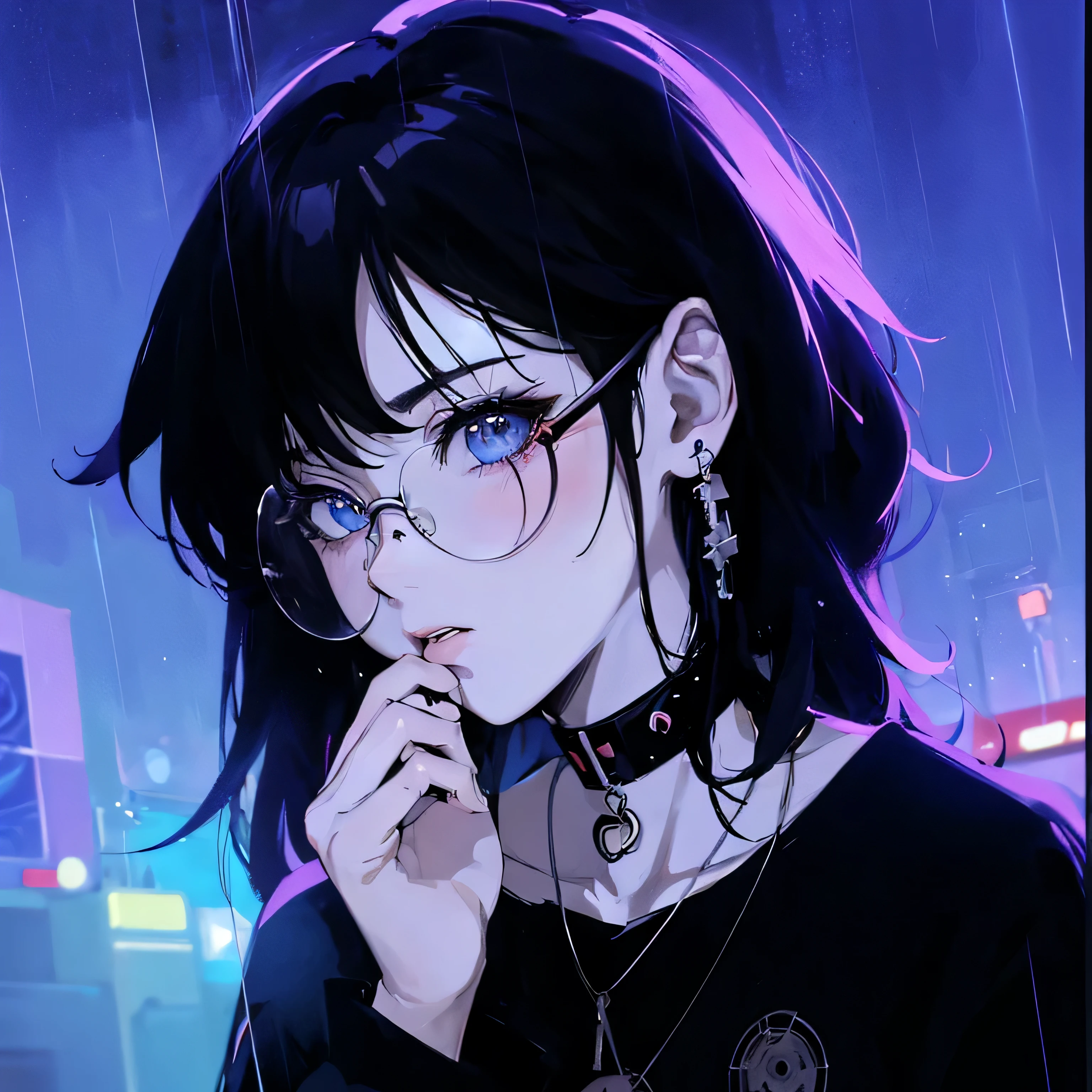 anime girl with glasses and a choker in the rain, anime style 4 k, anime style. 8k, anime vibes, 8 0 s anime vibe, anime art wallpaper 4k, anime art wallpaper 4 k, cyberpunk anime girl, anime style portrait, anime cyberpunk art, digital cyberpunk anime art, anime art style, anime wallpaper 4 k, cyberpunk art style, anime drawing