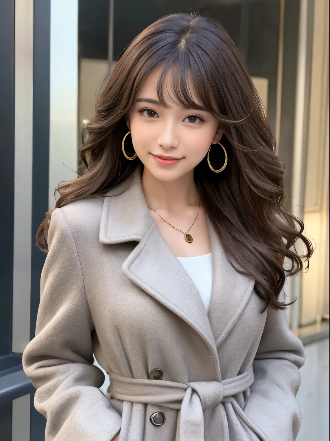 best quality，Super high resolution，RAW photography，1 girl，loose perm hair、dark brown hair、Japanese、loose perm hair、smile、professional photos、Same skin type as Humanra in the background、I draw it faithfully to the anatomy.、very detailed and beautiful、Super high quality、Hair swaying and sexy、Highly detailed beautiful girl、from head to waist、earrings、necklace、from head to waist.Sparkling、long coat、gray coat、winter、city