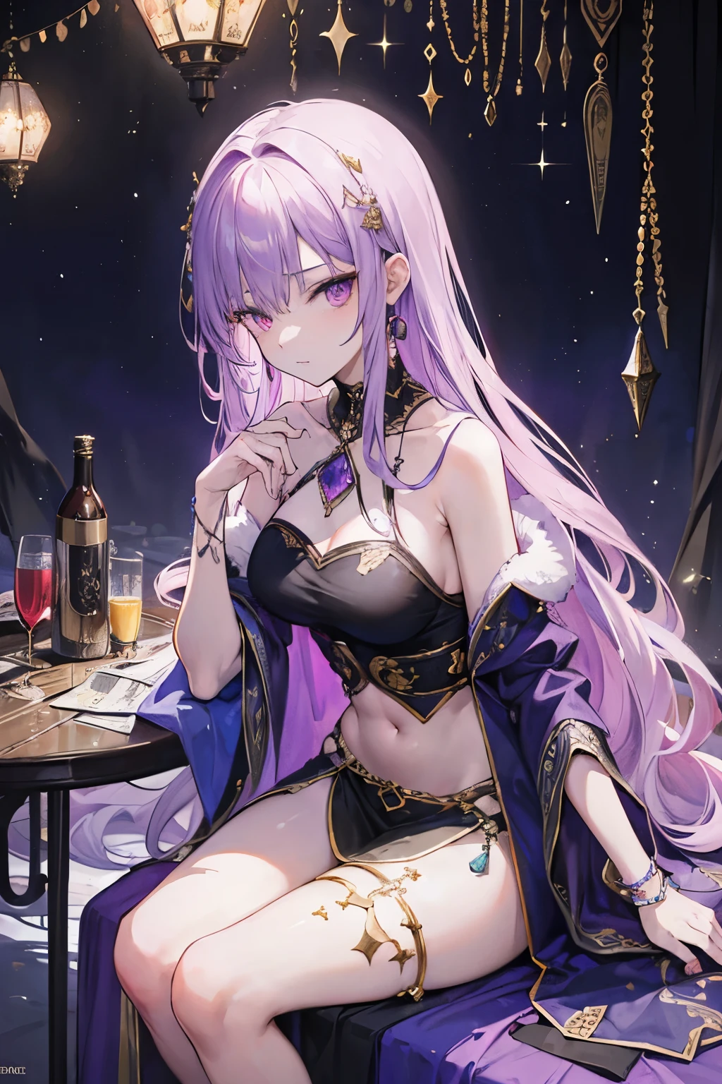 (masterpiece, top quality, best quality, official art, beautiful and aesthetic:1.2), (1girl:1.3), wavy long hair, light purple hair, extremely detailed, portrait, looking at viewer, solo, (full body:0.6), detailed background, close up, glowing eyes, (cold arctic winter theme:1.1), fortune teller, charlatan, smirk, mysterious, sitting at table, colorful shoulderless loose gypsy fortune teller clothes, chalice, tarot cards, crystal ball, medieval (tent interior:1.1) background, tent curtains in background, dark mysterious lighting, shadows, magical atmosphere, starry night,, dutch angle