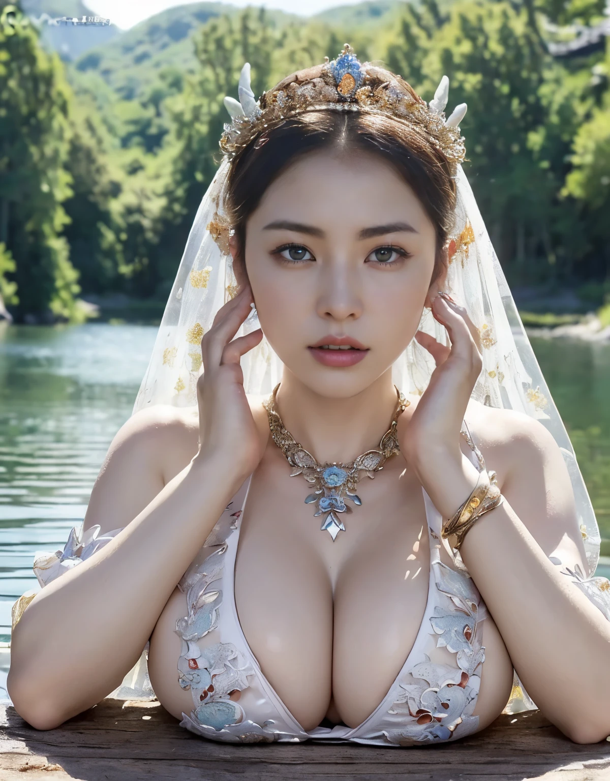 (intense chest expression）,highest quality、masterpiece、Super high resolution、（ゴールドdragon armor）、(((big breasts))),dragon armor、(((large floral ornament on the head))),(((Micro bikini with attention to detail))),(wears a beautiful crown made of precious stones),(Photoreal:1.4)、RAW photo、1 girl、(((random hair))、(((take various poses)))、glowing skin、(((White Chinese Dragon)))、intricate and gorgeous hair ornaments、（Looks like a gorgeous jewelry necklace）、（whole body angle）、（fight big dragonet bikini）、((beautiful lake background)),(beautiful forest background)、sheer cliff、(castle background)、((Super realistic details))、Portrait、global illumination、（sexy pose）、Shadow、octane rendering、16K、super sharp、big breasts、Raw skin exposed in the cleavage、Metal、intricate decorative details、Japan details、very intricate details、blue eyes、Eyes shining towards the camera、two stock、（whole body angle）、（veil）、(((heavy big))),((she is wearing a beautiful jeweled bangle.)),