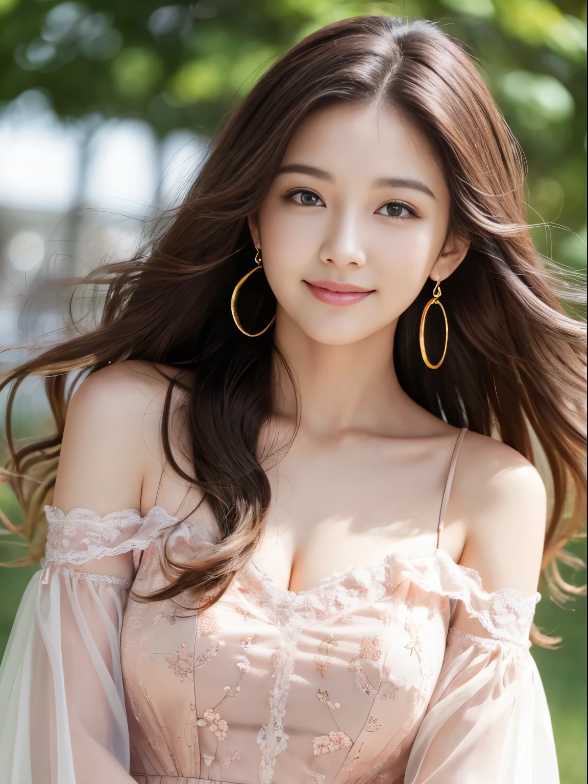 highest quality,ultra high resolution,Raw photo,1 girl,loose perm hair、dark brown hair、Japanese、loose perm hair、smile、professional photos、Japanese humane adjustment and same skin quality from head to toe、blur the background、I draw it faithfully to the anatomy..、very detailed and beautiful、super high quality、Hair swaying and sexy、highly detailed beautiful girl、shoulder length hair、earrings、Valentine、costume、blouse