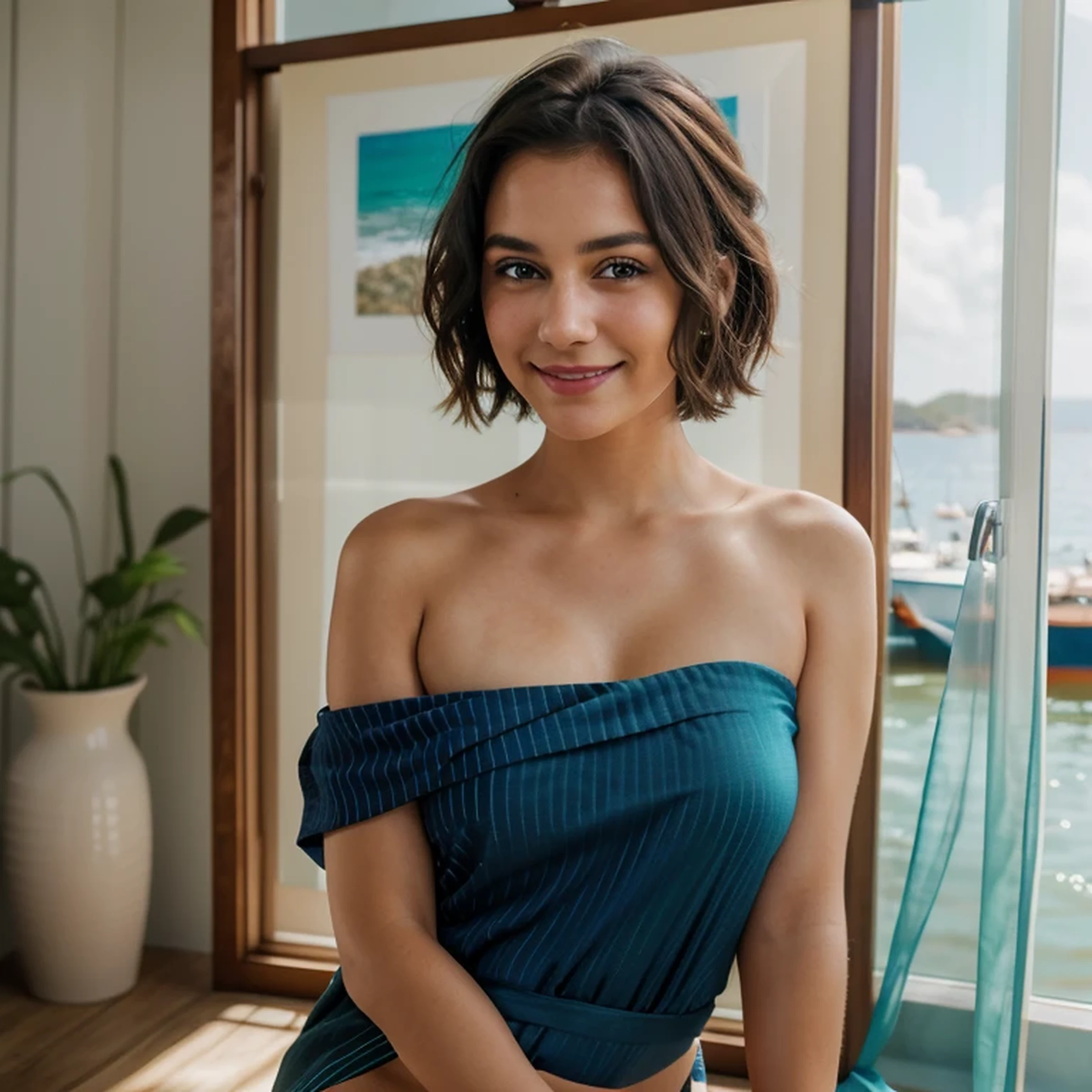 A photorealistic portrait of an incredibly beautiful girl, kurzes dunkelbraunes detailliertes Haar, looked over her shoulder and smiled seductively, detailliertes Gesicht, Super wohlgeformtes Gesicht, Blue-green eyes, tiny breasts, Coherent hands, High Resolution, ultrascharf, 8 TAUSEND, Meisterwerk, Entdecken Sie ein nautisches Thema mit einem marineblau gestreiften Matrosenoberteil, Shorts mit hoher Taille, Create a captivating portrait with a subject, which is wrapped in a colorful sarong, umrahmt von einer Kulisse, which suggests the tranquility of the coast, Objektiv 50mm, Blende F/4, natural light in the afternoon