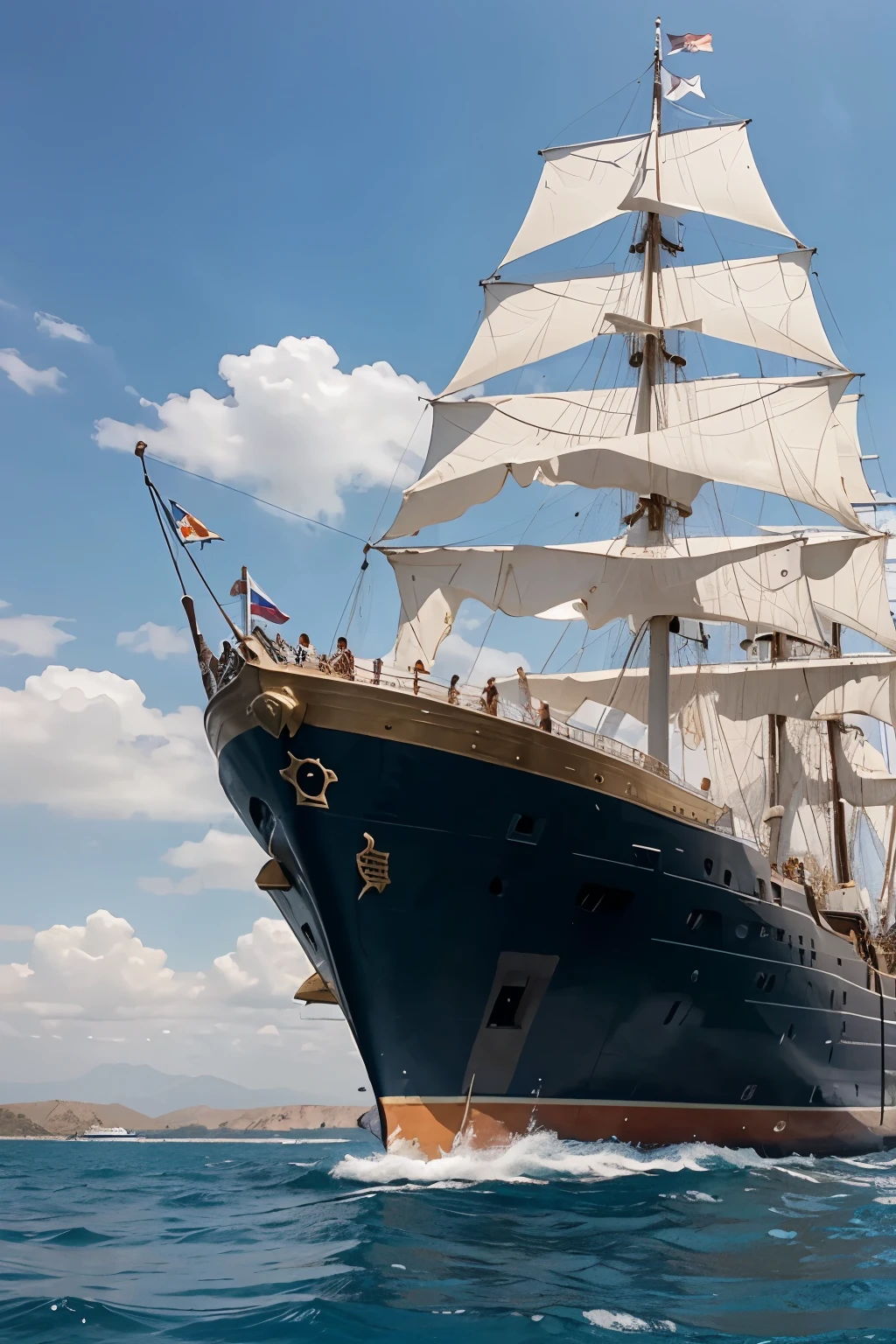 Cleopatra leads the sea expedition:
"Cleopatra stands on the bow of a magnificent ship,Leading the fleet sailing in the Mediterranean,Reflecting her ambitions and command of Egypt's naval power。"