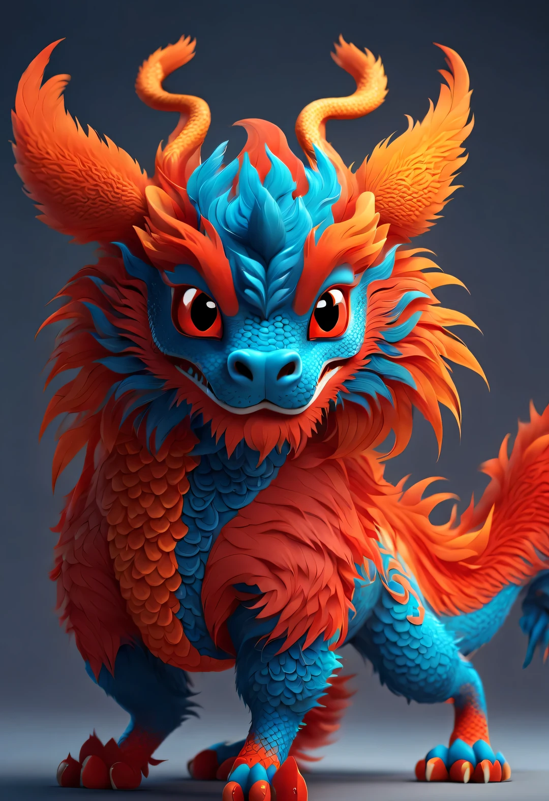 3d rendering, realistic fur, red wallpaper, Simple modern style, beautiful wallpaper,（The cute anthropomorphic zodiac dragon takes an exaggerated gait），Super exaggerated，orange fur, big blue eyes, Narrow your eyes and smile mischievously , wearing scarlet clothes, Wearing an embroidered hoodie, （Neck is super long：0.85），Slender and well-proportioned, frontal portrait, (looking at camera), Beijing, 🦑   design), 杂志design风格,，Looking up，Bottom Up