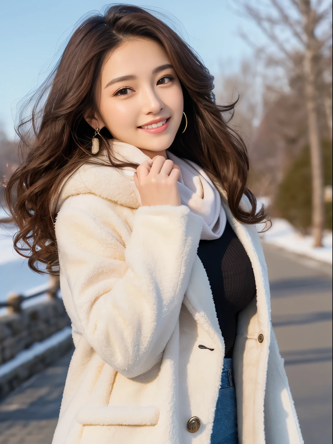 highest quality,ultra high resolution,Raw photo,1 girl,loose perm hair、dark brown hair、Japanese、loose perm hair、smile、professional photos、Same skin type as Humanra in the background、I draw it faithfully to the anatomy..、very detailed and beautiful、super high quality、Hair swaying and sexy、highly detailed beautiful girl、from head to waist、earrings、necklace、from head to waist.Sparkling、long coat、white coat、winter、smile、comb hair、Scarf、fluffy