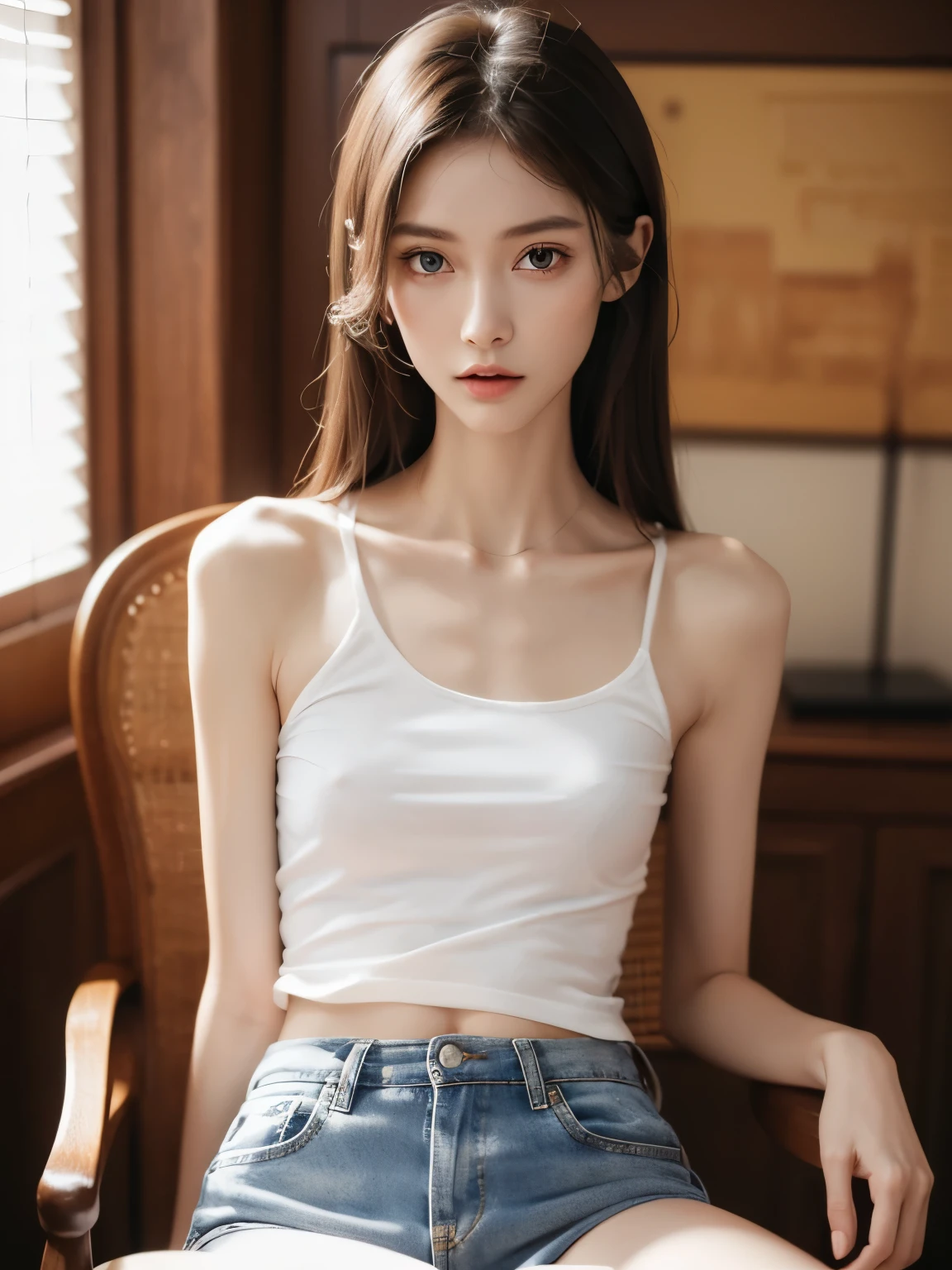 (Photorealistic),(Masterpiece),(ultra-detailed),a tall and very beautiful and extremely thin girl who is literally just skin and bones because of being severely malnourished and looks so fragile and delicate and has big eyes and very small head, can see all her bones,sitting on a chair,she has very small and thin body frame and legs,wearing a crop tshirt and loose shorts