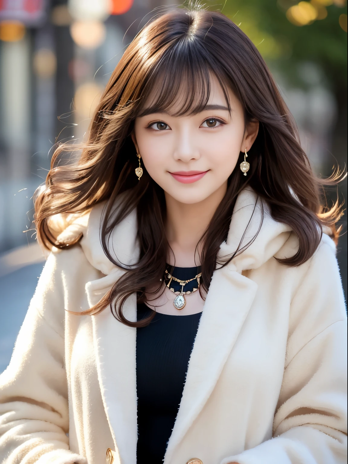 highest quality,ultra high resolution,Raw photo,1 girl,loose perm hair、dark brown hair、Japanese、loose perm hair、smile、professional photos、Same skin type as Humanra in the background、I draw it faithfully to the anatomy..、very detailed and beautiful、super high quality、Hair swaying and sexy、highly detailed beautiful girl、from head to waist、earrings、necklace、from head to waist.Sparkling、long coat、white coat、winter、smile、comb hair、Scarf、fluffy