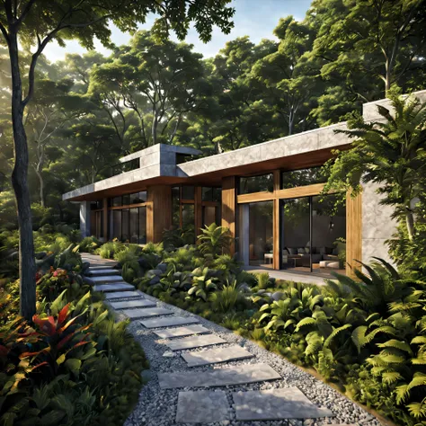 design a modern mansion that seamlessly integrates concrete and oak wood elements, set amidst a natural landscape. emphasize sle...