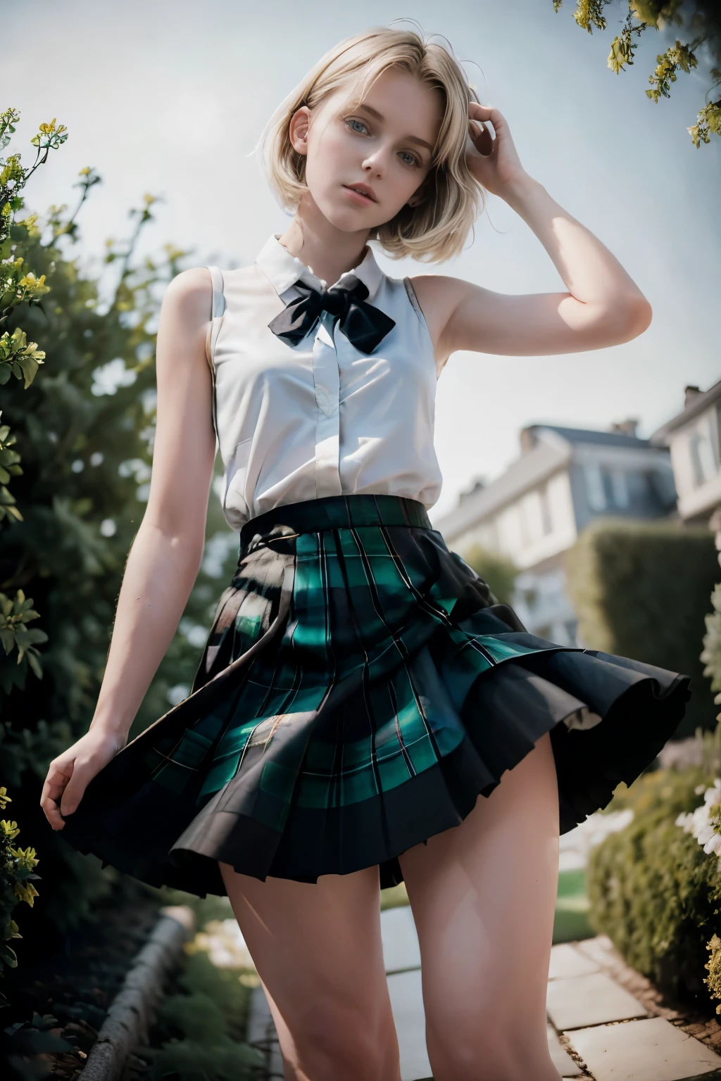 masterpiece, best quality, hyperrealistic, cinematic photo, 16 year old woman, pale skin, british amazing slim body, blouse, black tartan skirt, white stockings, short blonde hair, large legs, perfect hands, beautiful face, perfect face, youthful, (blured background), modern style, from behind, from below, (low-angle shoot), underskirt shot, leaning forwards, skirt lift,low_angle_human, (view viewer), looking at viewer, (8k, epic composition, photorealistic, sharp focus), sophisticated background, garden background, DSLR, foil grain, backlight