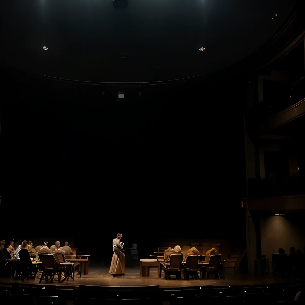 A scene from a theater play, multiple people whose faces are not clearly visable, dramatic lightning from the back, mist, abstract objects, mystirous atmosphere