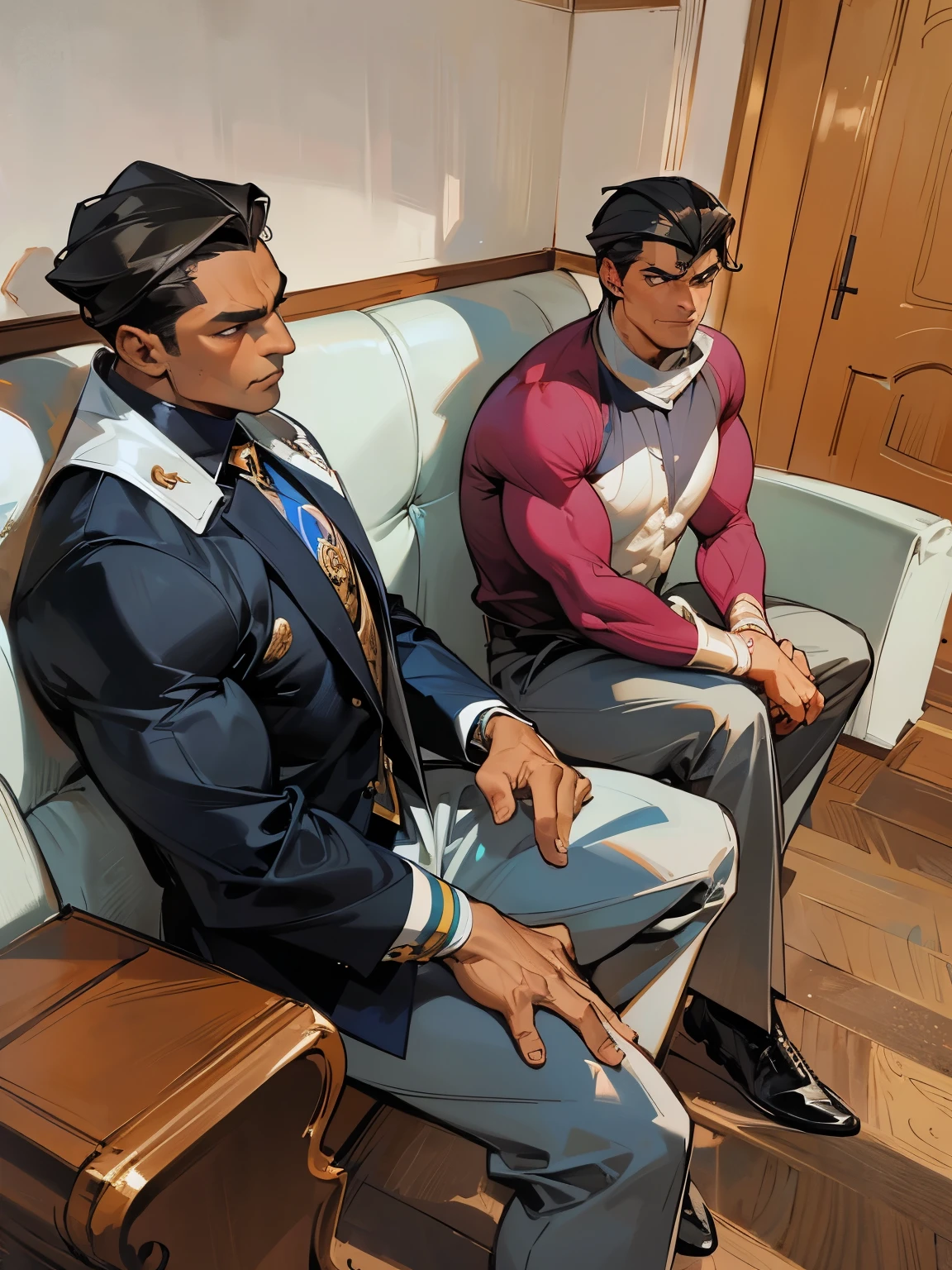 2men, black men sitting down, friendly discussion, incredibly muscular, muscles, muscular, bodybuilder, dark skin, braids, intimidating, high definition, handsome, handsome men, perfect face, chiseled jawline, strong jaw, high cheekbones, beautiful quality, masterpiece, big biceps, pecs, defined muscles