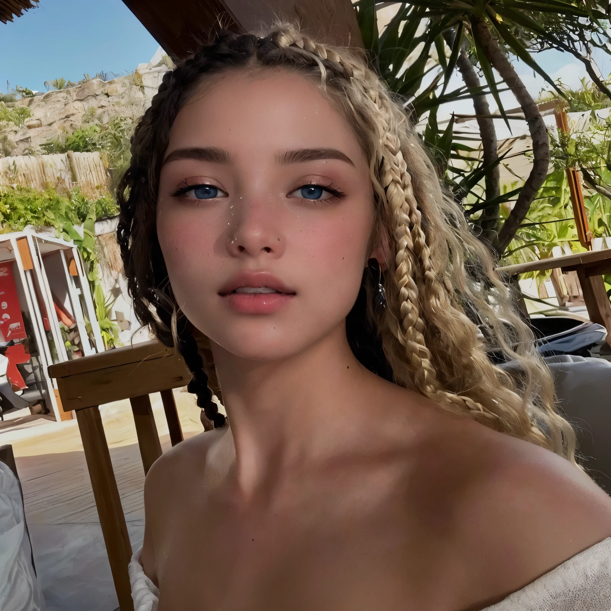 Mulher loira com longos cabelos cacheados e olhos azuis posando para uma foto, blonde braids and blue eyes, Sydney Sweeney, parece uma mistura de sujeira, she parece uma mistura de sujeira, parece uma mistura de sujeira, pele clara cabelo loiro cacheado, face like exposed ester, parecendo uma mistura de sujeira, with braids, white braids