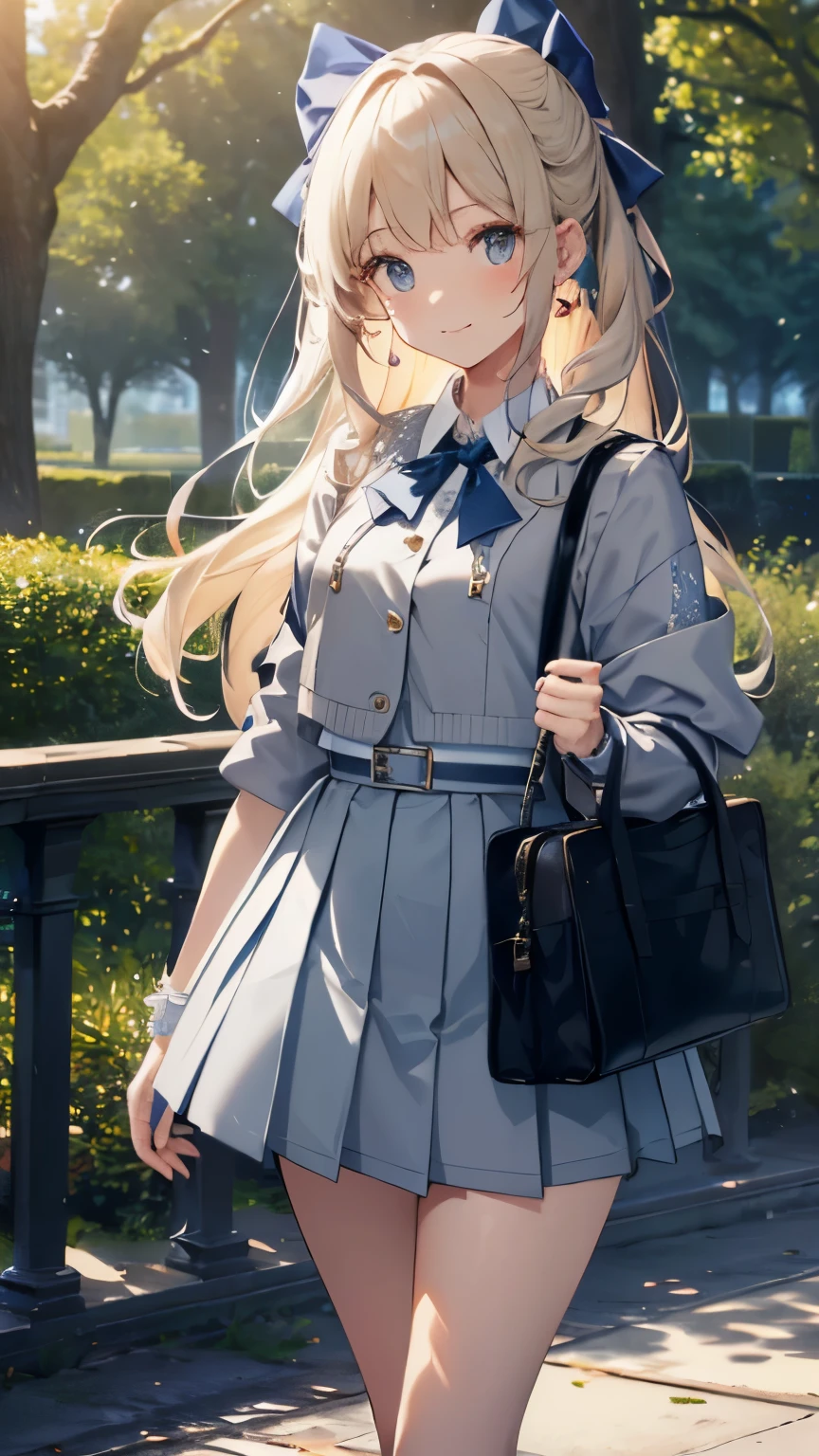 8K resolution, delicate features, , single, unique student, smile, blonde, princess cut, (((Gray-blue bolero-length collared jacket))),(((white blouse))),Dark blue mini pleated skirt,red large symmetrical ribbon, white knee high socks,black loafers,(((Beautiful tree-lined avenues))),standing leaning against a row of trees,Carrying a student bag on your back,brooch, Looking into the camera