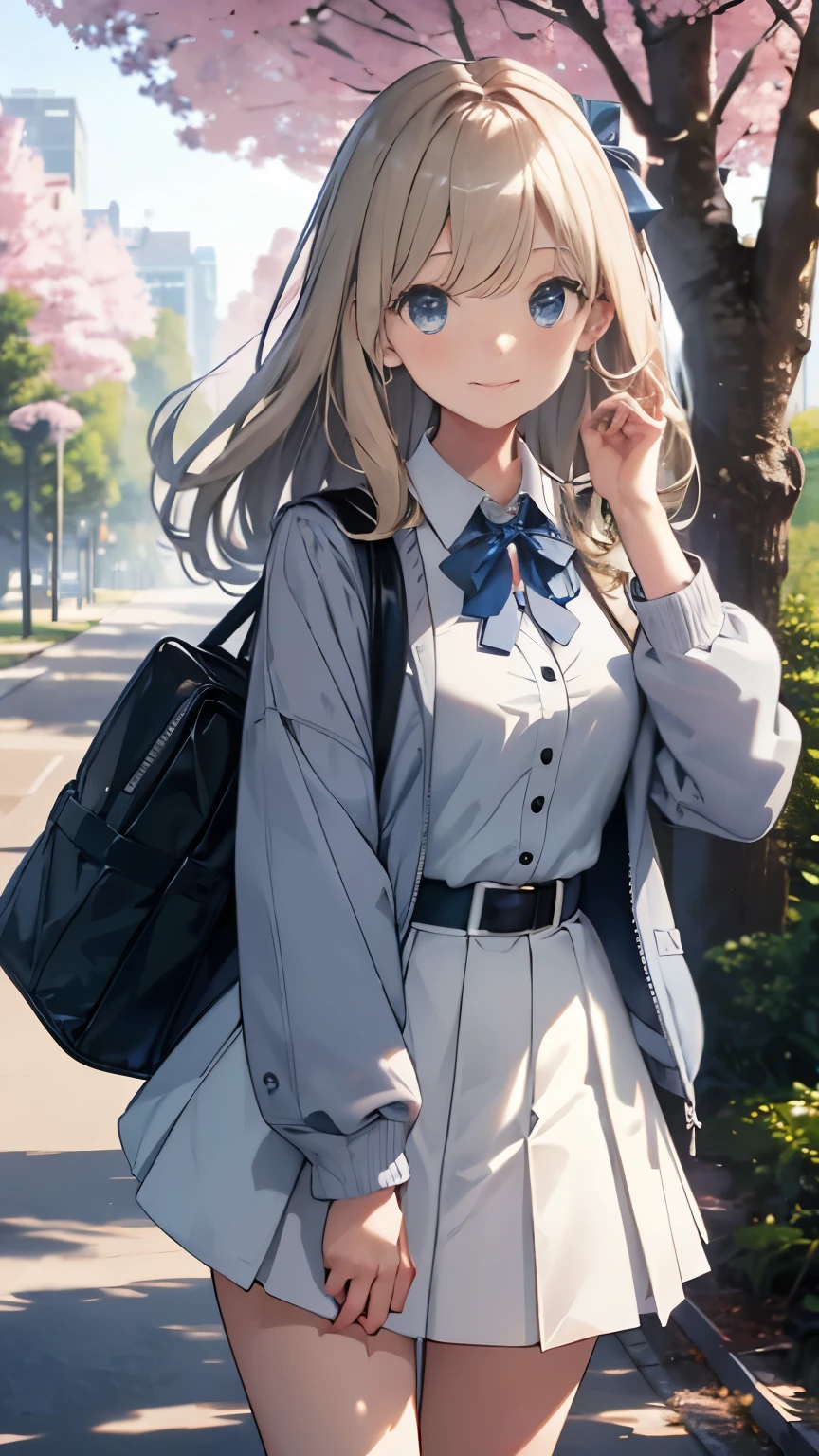 8K resolution, delicate features, , single, unique student, smile, blonde, princess cut, (((Gray-blue bolero-length collared jacket))),(((white blouse))),Dark blue mini pleated skirt,red large symmetrical ribbon, white knee high socks,black loafers,(((Beautiful tree-lined avenues))),standing leaning against a row of trees,Carrying a student bag on your back,brooch, Looking into the camera