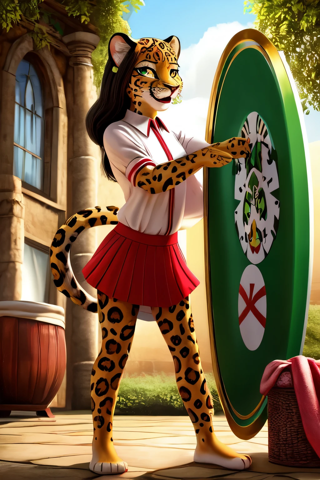 cartoon CGI detailed photography of a female Jaguar cat with eyeliner wearing a white blouse and sparkly green miniskirt, being barefoot, standing happily washing a green Jaguar F-Type. On a shield and red & white ribbon written "JAGUARS". background is light & cheerful