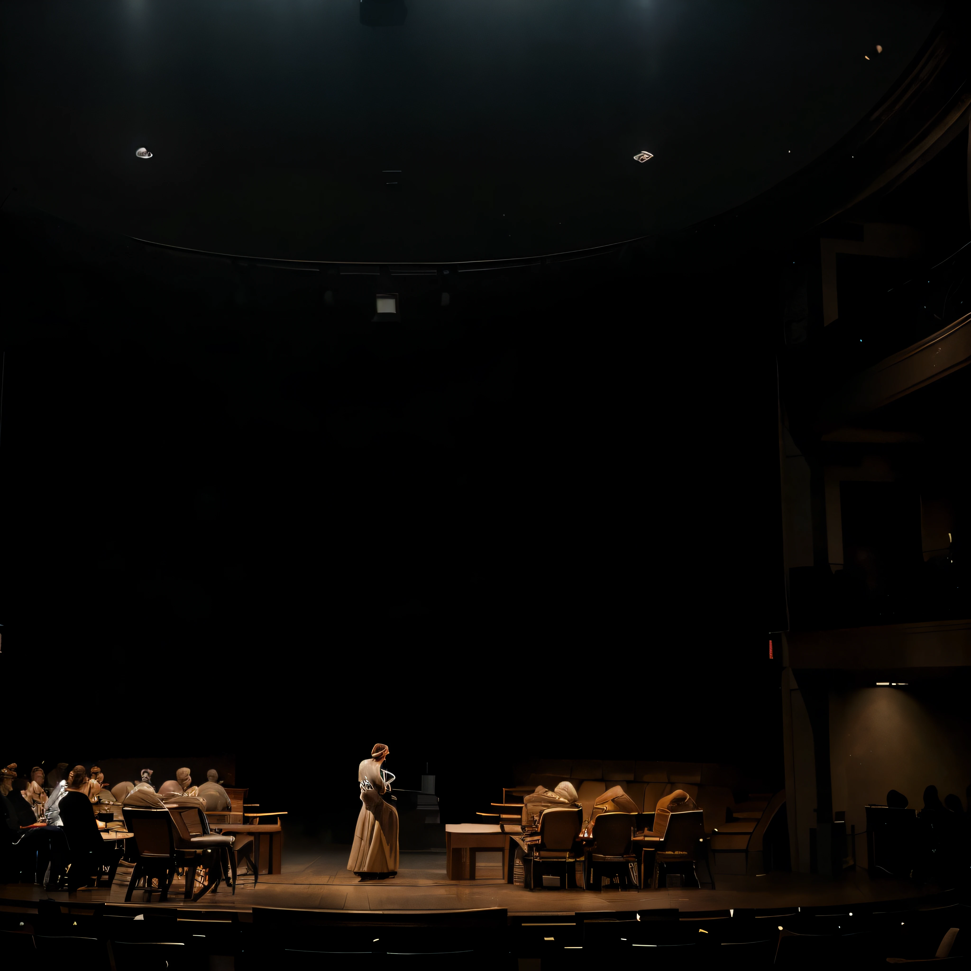 A scene from a play, mehrere Personen, deren Gesichter nicht klar erkennbar sind, dramatischer Blitz von hinten, Nebel, abstrakte Objekte, mysterious atmosphere