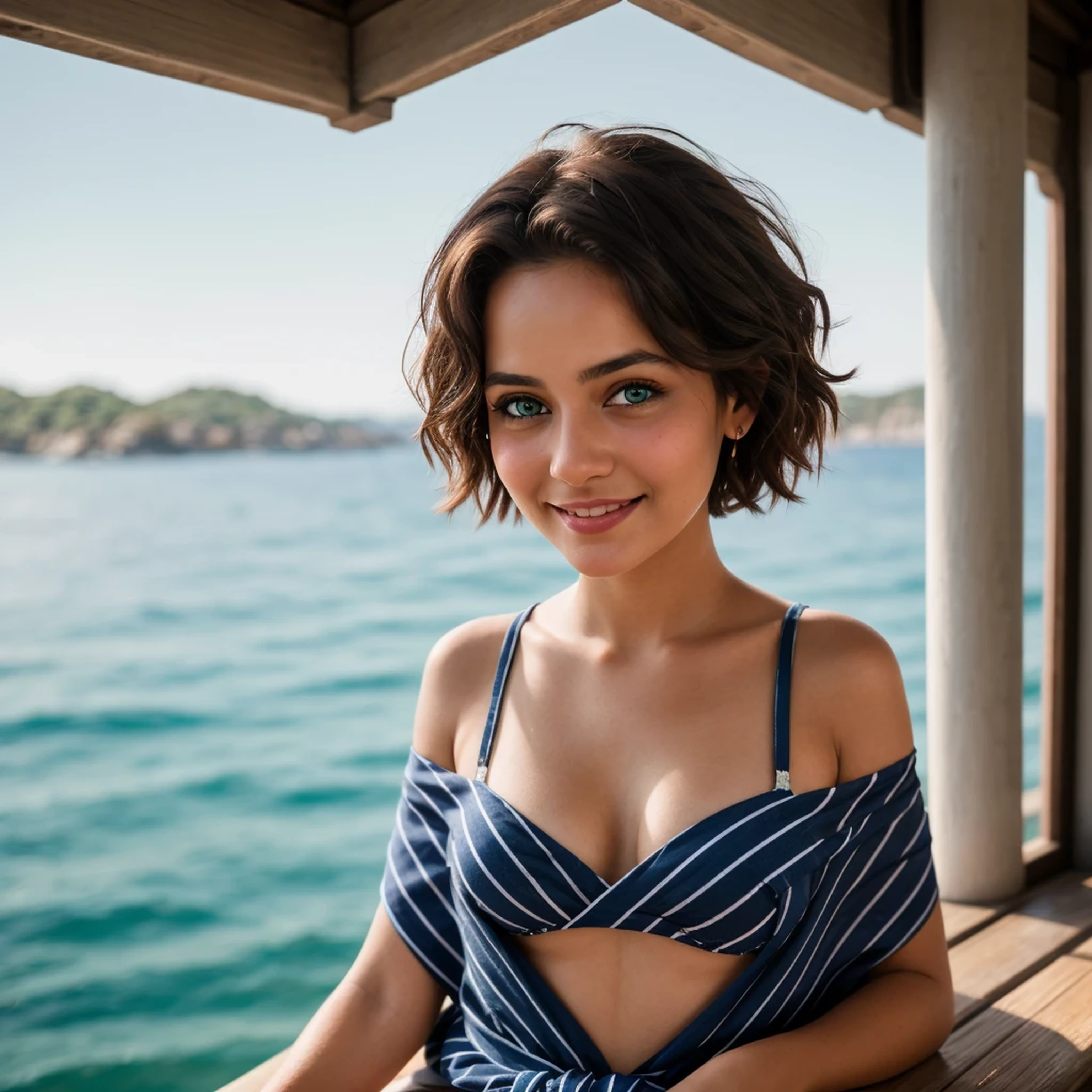 A photorealistic portrait of an incredibly beautiful girl, kurzes dunkelbraunes detailliertes Haar, looked over her shoulder and smiled seductively, detailliertes Gesicht, Super wohlgeformtes Gesicht, Blue-green eyes, tiny breasts, Coherent hands, High Resolution, ultrascharf, 8 TAUSEND, Meisterwerk, Entdecken Sie ein nautisches Thema mit einem marineblau gestreiften Matrosenoberteil, Shorts mit hoher Taille, Create a captivating portrait with a subject, which is wrapped in a colorful sarong, umrahmt von einer Kulisse, which suggests the tranquility of the coast, Objektiv 50mm, Blende F/4, natural light in the afternoon