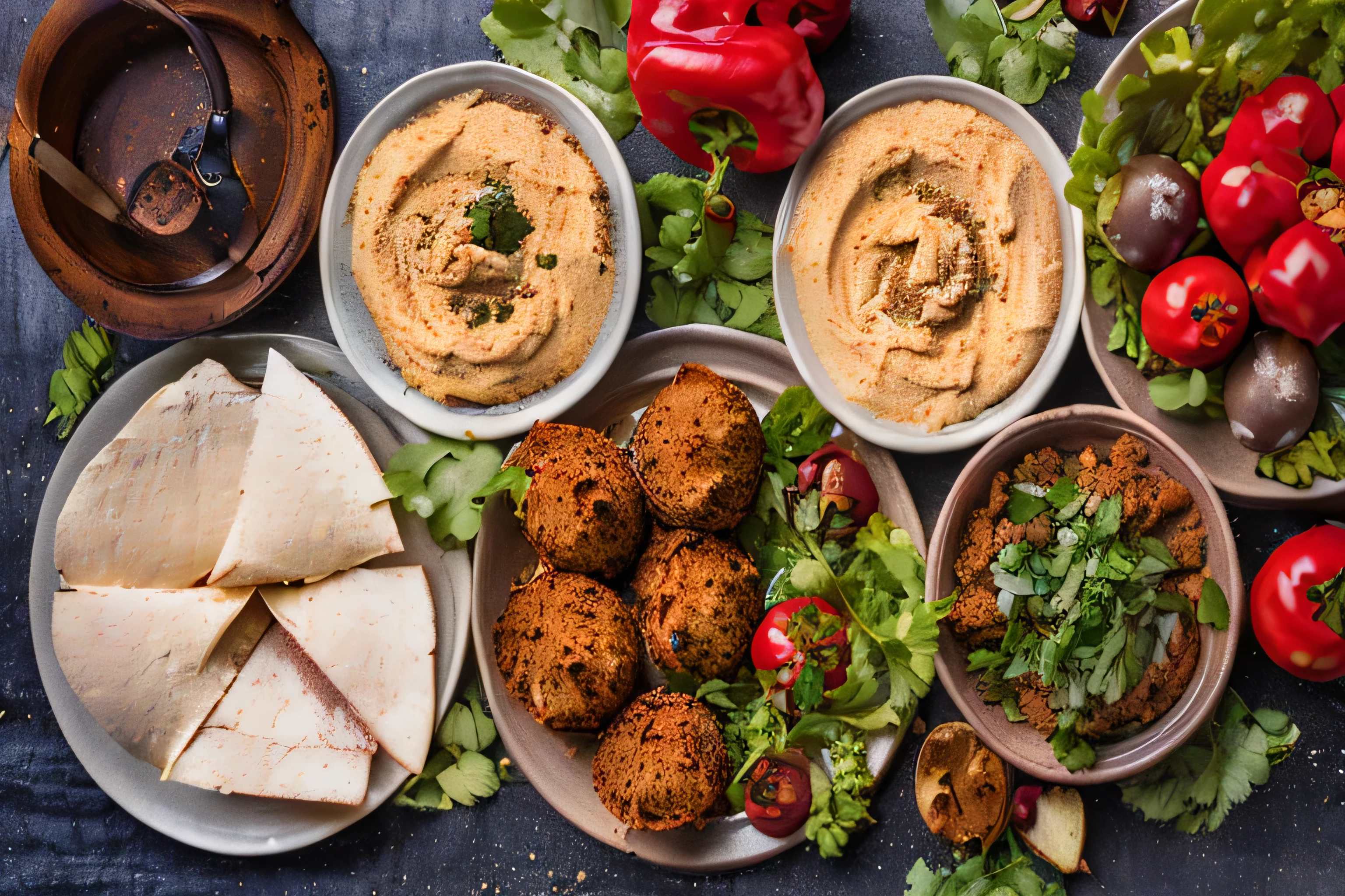 a close up of a table with bowls of food and a bowl of dip, middle eastern, mediterranean, middle eastern style vendors, humus, middle eastern skin, beautiful sunny day, middle east, delicious food, middle eastern details, shutterstock, high quality food photography, food photo, offering a plate of food, stunning image, beautiful image, yummy, food particles