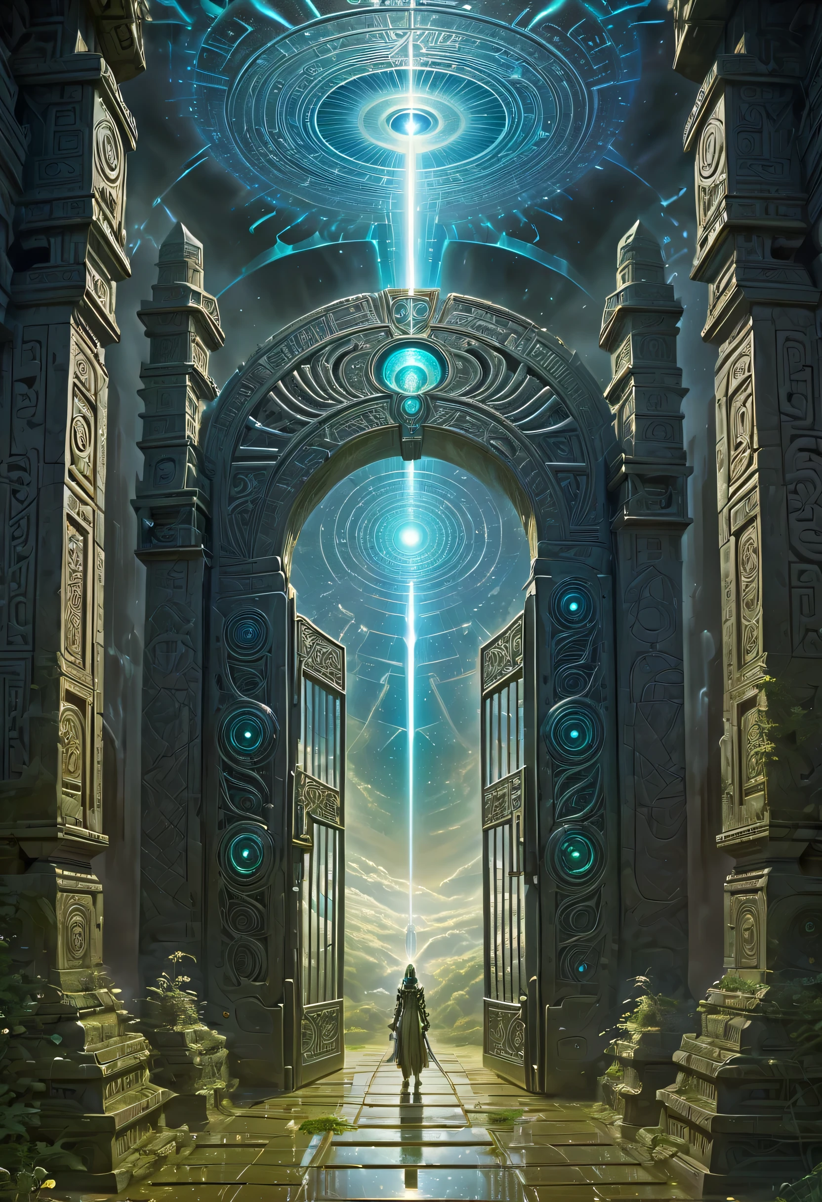 art by mooncryptowow, In the heart of the cosmos, a symmetrical, Forgotten Gateway of Time and Space emerges, Its gelatinous walls engraved with alien language symbols, lighting strike at the gate, God rays,