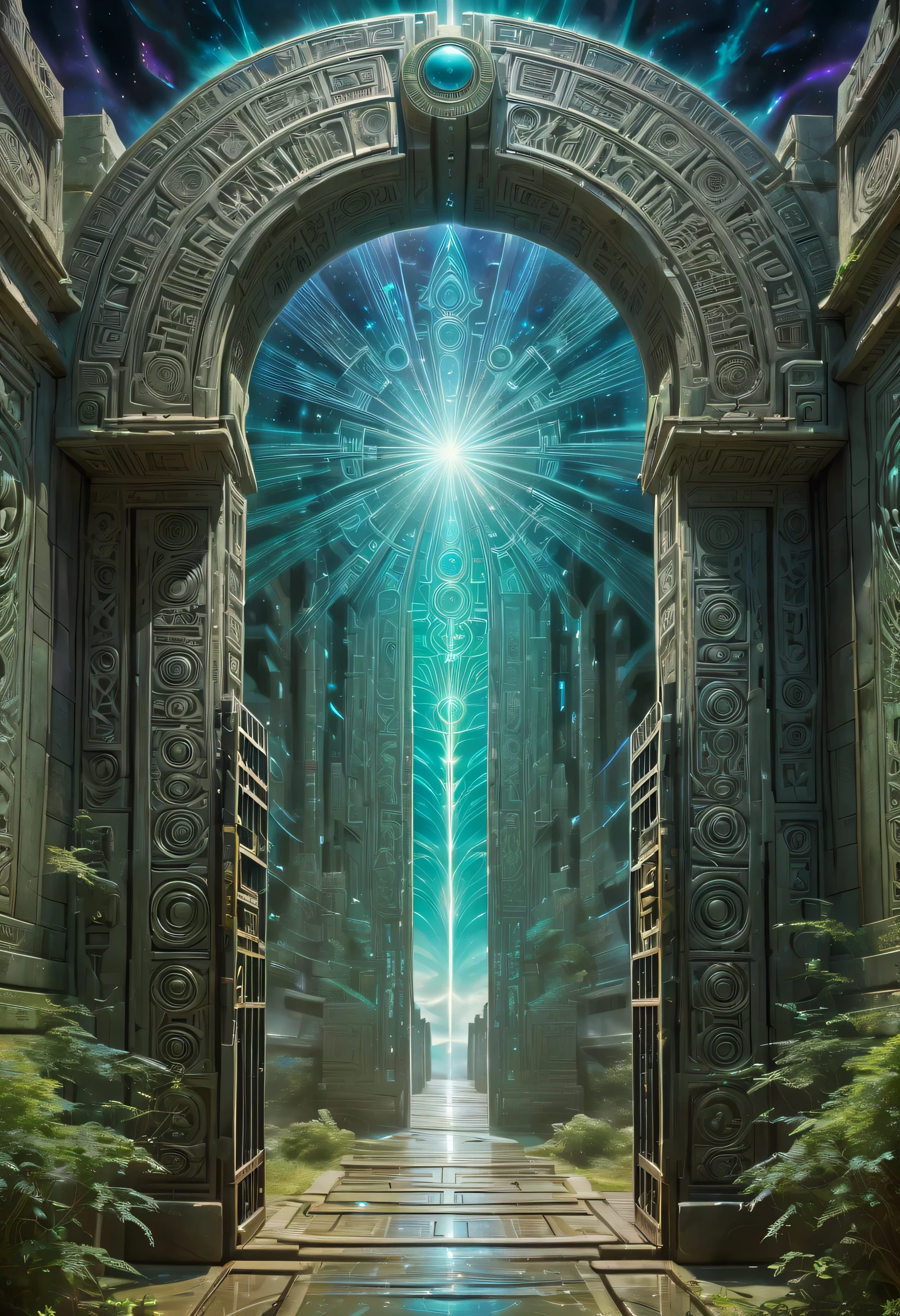art by mooncryptowow, In the heart of the cosmos, a symmetrical, Forgotten Gateway of Time and Space emerges, Its gelatinous walls engraved with alien language symbols, lighting strike at the gate, God rays,