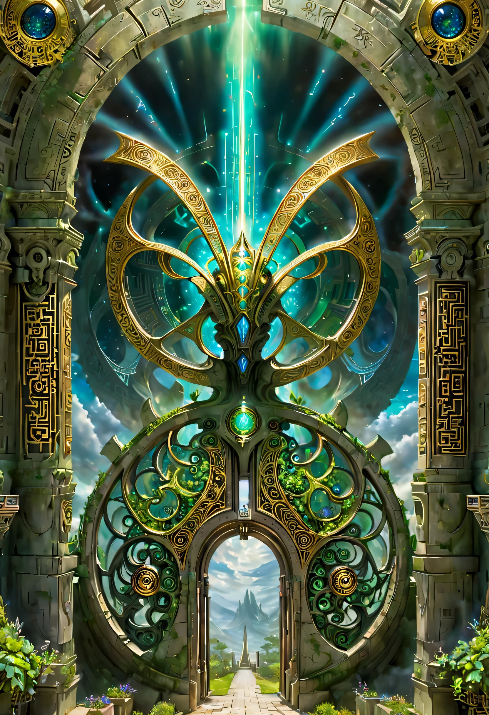 art by mooncryptowow, In the heart of the cosmos, a symmetrical, Forgotten Gateway of Time and Space emerges, Its gelatinous walls engraved with alien language symbols, lighting strike at the gate, God rays,