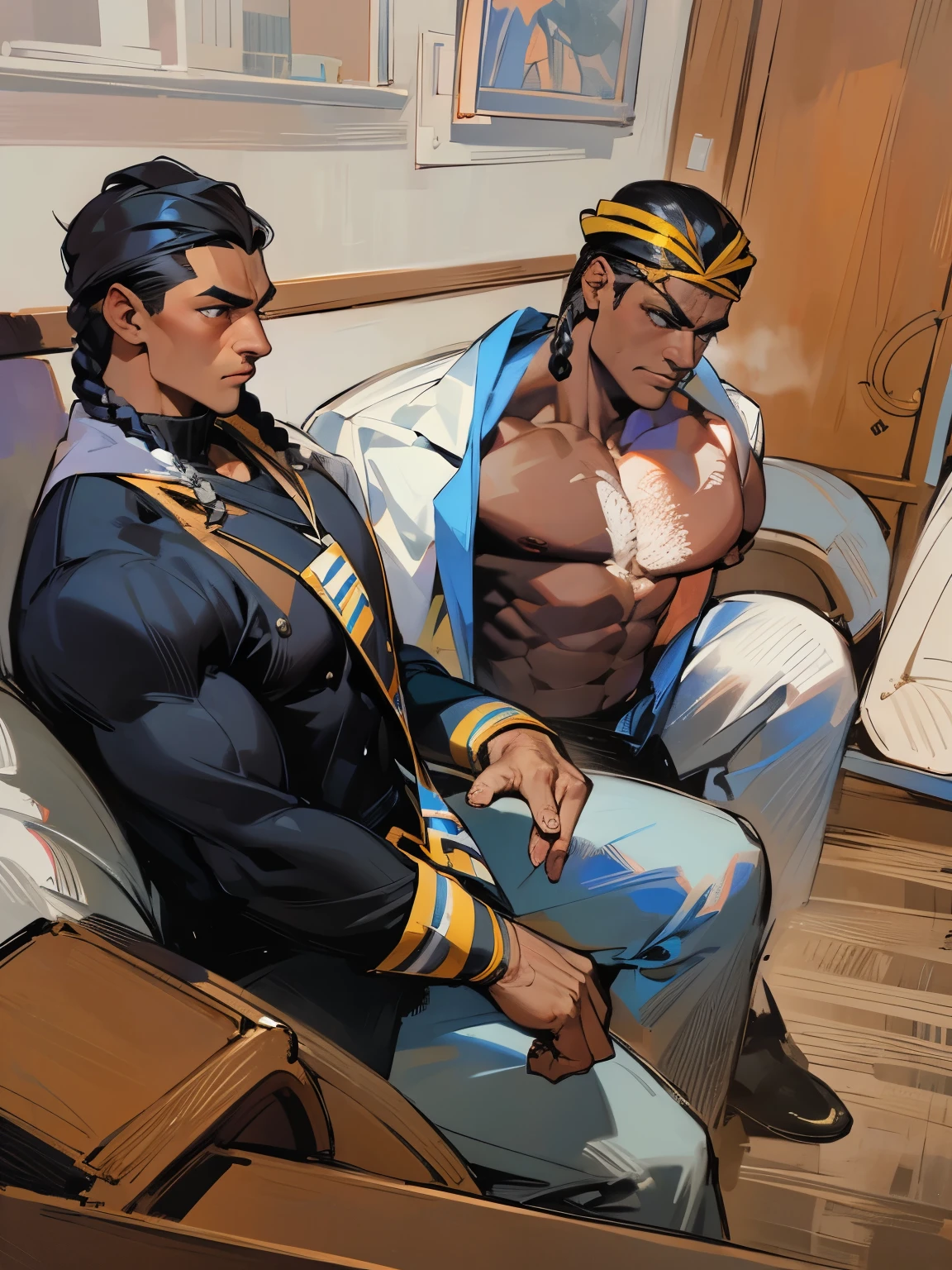 2men, black men sitting down, friendly discussion, incredibly muscular, muscles, muscular, bodybuilder, dark skin, braids, intimidating, high definition, handsome, handsome men, perfect face, chiseled jawline, strong jaw, high cheekbones, beautiful quality, masterpiece, big biceps, pecs, defined muscles