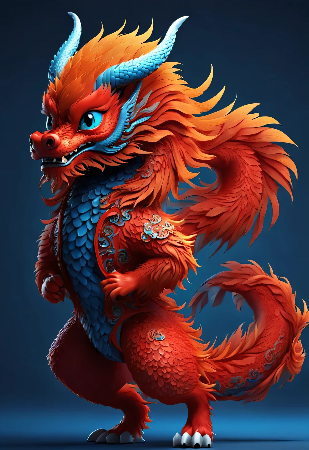 3d rendering, realistic fur, red wallpaper, Simple modern style, beautiful wallpaper,(The cute anthropomorphic zodiac dragon takes an exaggerated gait),Super exaggerated,orange fur, big blue eyes, Narrow your eyes and smile mischievously , wearing scarlet clothes, Wearing an embroidered hoodie, (Legs and neck are super long:0.85),Slender and well-proportioned, frontal portrait, (looking at camera), Beijing, 🦑 design), 杂志design风格,,Looking up,Bottom Up