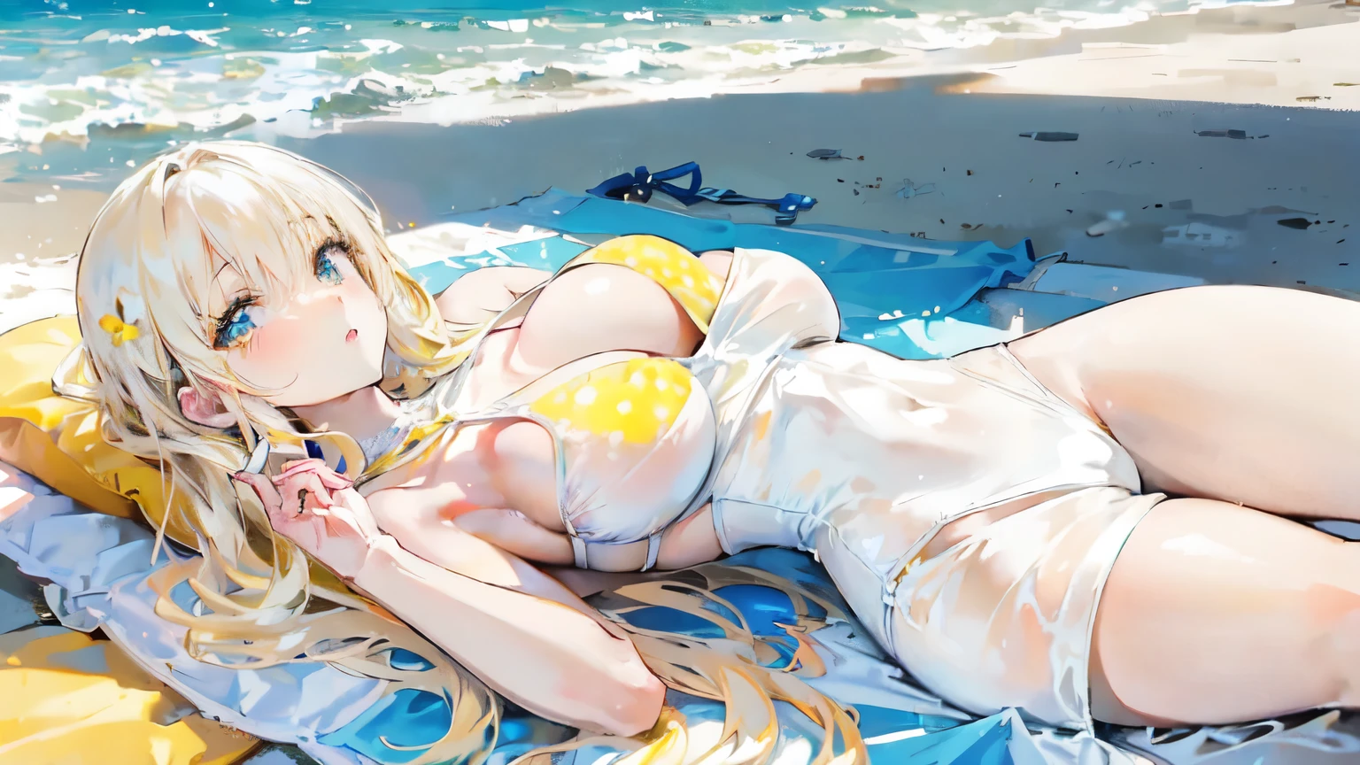 A beautiful, smooth, sexy white girl, wearing a yellow swimsuit with a plain pattern, is sunbathing on the beach, in the afternoon