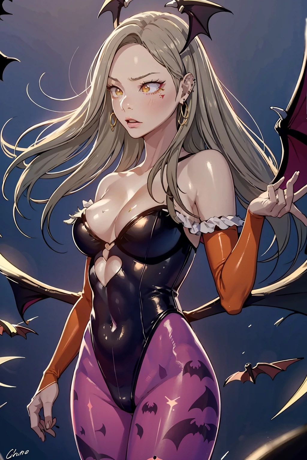 highres, masterpiece, 1girl, solo, looking at viewer, clamJade, highleg leotard, print pantyhose, bat print, head wings, bat wings, bridal gauntlets, tattoo, arm tattoo, neck tattoo, jewelry, ear piercing, hoop earrings, full lips, perfect lighting, bloom, cinematic lighting, 