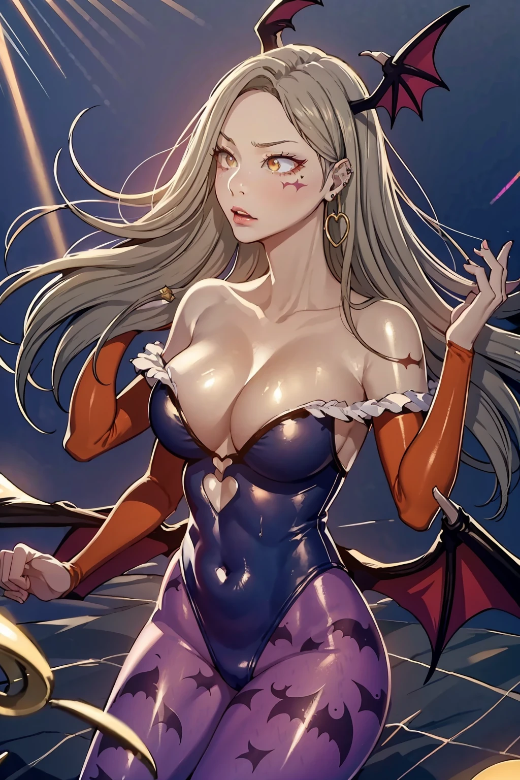 highres, masterpiece, 1girl, solo, looking at viewer, clamJade, highleg leotard, print pantyhose, bat print, head wings, bat wings, bridal gauntlets, tattoo, arm tattoo, neck tattoo, jewelry, ear piercing, hoop earrings, full lips, perfect lighting, bloom, cinematic lighting, 