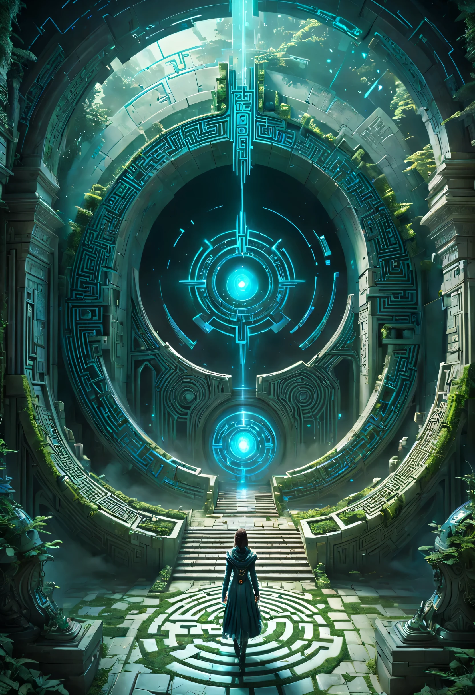 art by mooncryptowow, In a realm of forgotten realms, lies a gateway of time and space, veiled in an intricate labyrinth of reality and illusion, Capture its enigmatic essence with a radical blend of realism and detail, intertwined with glitches and binary codes, revealing its futuristic and sci-fi secrets, No human
