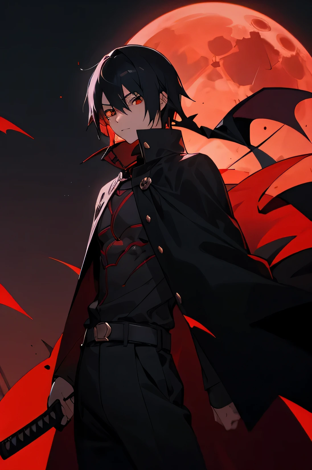 Male, , red eyes, black and red yukata, Black Cape covering clothes, Katana, Vampire, Black Hair, Night background, Red Moon