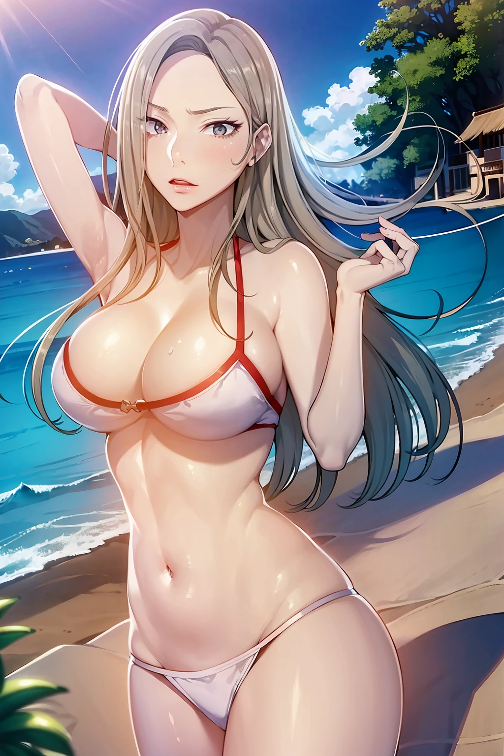 (masterpiece:1.2, best quality), (finely detailed beautiful eyes: 1.2), solo focus,   (extremely detailed CG unity 8k wallpaper, masterpiece, best quality, ultra-detailed, best shadow), (detailed background), (beautiful detailed face, beautiful detailed eyes) , 1girl, noona, 1girl, solo,bikini, wet hair, large breasts,  High contrast, beautiful sexy woman, adult, (best illumination, an extremely delicate and beautiful),(simple backround, outdoors, beach, ocean, sea, sand, blue sky,), looking at viewer,beautiful detailed glow,