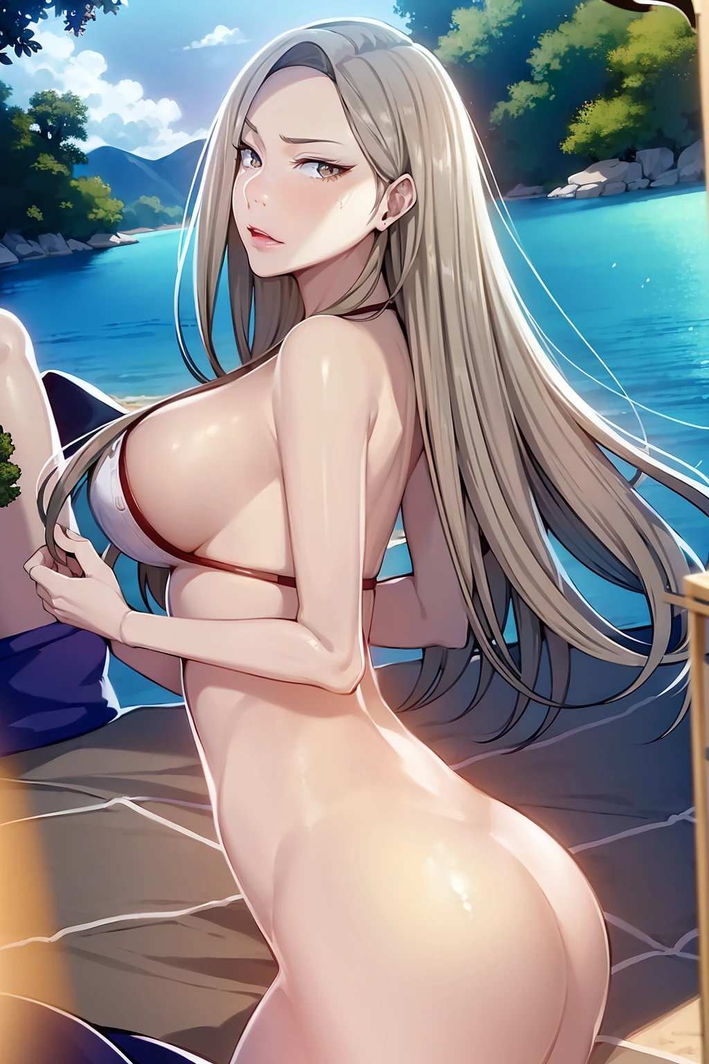 (masterpiece:1.2, best quality), (finely detailed beautiful eyes: 1.2), solo focus,   (extremely detailed CG unity 8k wallpaper, masterpiece, best quality, ultra-detailed, best shadow), (detailed background), (beautiful detailed face, beautiful detailed eyes) , 1girl, noona, 1girl, solo,bikini, wet hair, large breasts,  High contrast, beautiful sexy woman, adult, (best illumination, an extremely delicate and beautiful),(simple backround, outdoors, beach, ocean, sea, sand, blue sky,), looking at viewer,beautiful detailed glow,