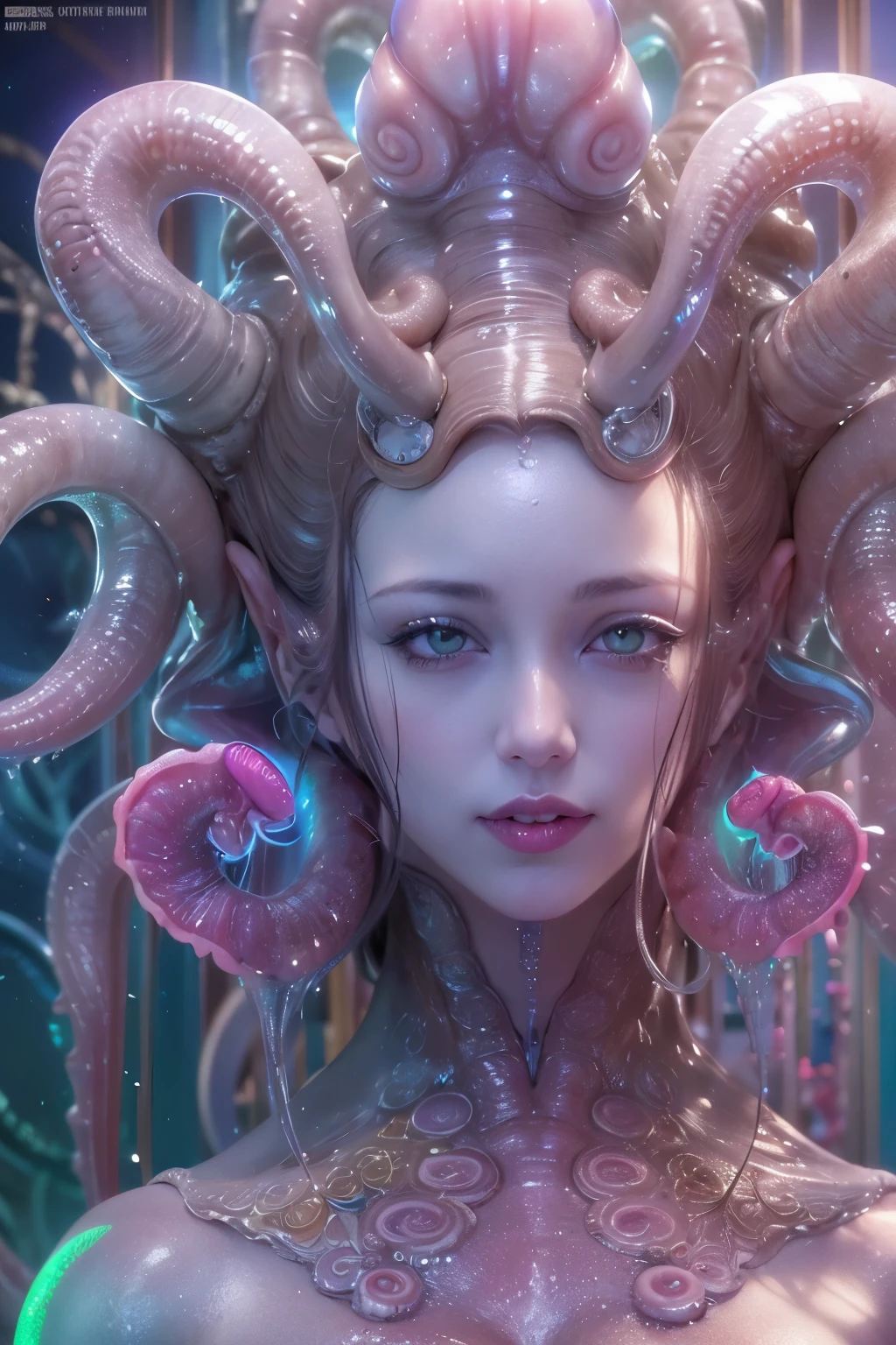 (A portrait of one beautiful and obscene female alien who is a young ager:1.4), ((There is a female genital-like organ in the middle of her forehead:1.8)), (realistic face:1.2), (Numerous award-winning masterpieces, with incredible detail, textures and maximum detail), artistic photography, midnight aura, unreal engine 5, Ultra Sharp Focus, art by Amano Yoshitaka, ArtGerm, Roisch, intricate artwork, ultra realistic realism, high resolution, High freshness, drawing faithfully, official art, Unity 8K Wall paper, ultra detailed artistic photography, dream-like, Creation of fantasy, dream Snail, (biopunk nautilus:1.3),Thrilling color schemes, seductively smiling, Amazing mutation, well-proportioned body, goddess of the deep sea, fractal, Geometric pattern, impossible figures, (translucent white tentacles with luminescent organs:1.4), subtle emerald green accents, (smiling seductively:1.3),(She has the most beautiful face in the history of the universe:1.5), Penelope Cruz, (she is looking down at viewers with glowing iridescent eyes with no pupils:1.3), an evil gaze that seduces, cinematic lighting, (Vampire-like long canine teeth can be glimpsed through the gap between the cute lips:1.3), in the hall of the palace, Sweet breath is exhaling from beautiful lips, ecstatic expression