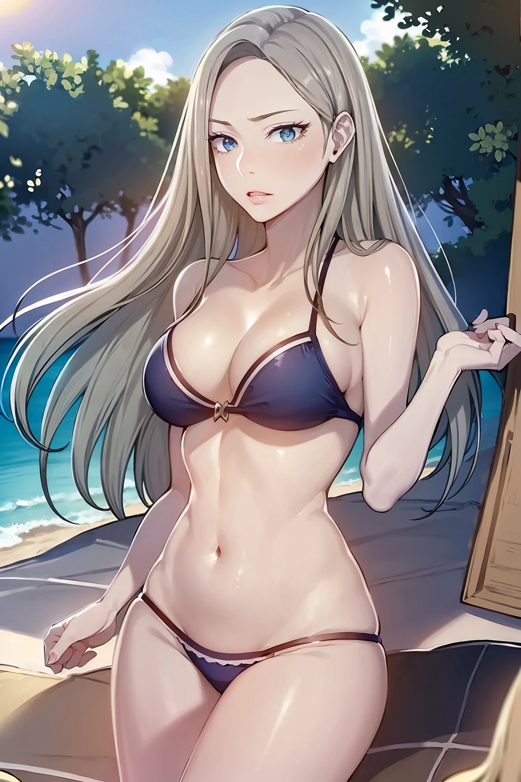 (masterpiece:1.2, best quality), (finely detailed beautiful eyes: 1.2), solo focus,   (extremely detailed CG unity 8k wallpaper, masterpiece, best quality, ultra-detailed, best shadow), (detailed background), (beautiful detailed face, beautiful detailed eyes) , 1girl, noona, 1girl, solo,bikini, wet hair, large breasts,  High contrast, beautiful sexy woman, adult, (best illumination, an extremely delicate and beautiful),(simple backround, outdoors, beach, ocean, sea, sand, blue sky,), looking at viewer,beautiful detailed glow,