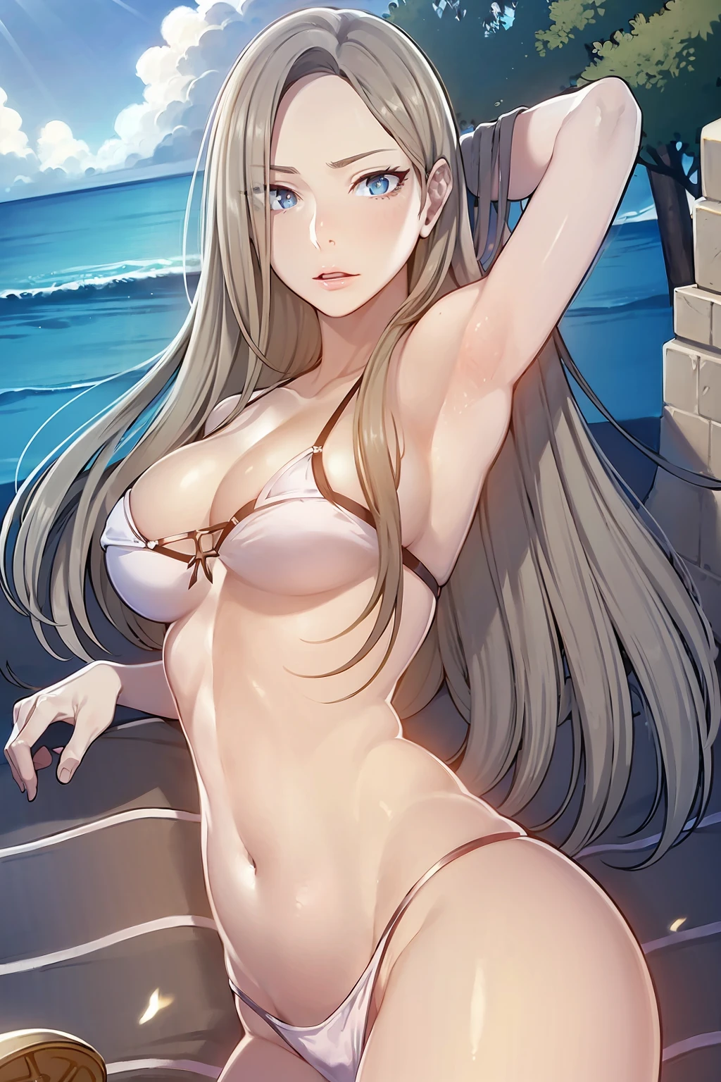 (masterpiece:1.2, best quality), (finely detailed beautiful eyes: 1.2), solo focus,   (extremely detailed CG unity 8k wallpaper, masterpiece, best quality, ultra-detailed, best shadow), (detailed background), (beautiful detailed face, beautiful detailed eyes) , 1girl, noona, 1girl, solo,bikini, wet hair, large breasts,  High contrast, beautiful sexy woman, adult, (best illumination, an extremely delicate and beautiful),(simple backround, outdoors, beach, ocean, sea, sand, blue sky,), looking at viewer,beautiful detailed glow,