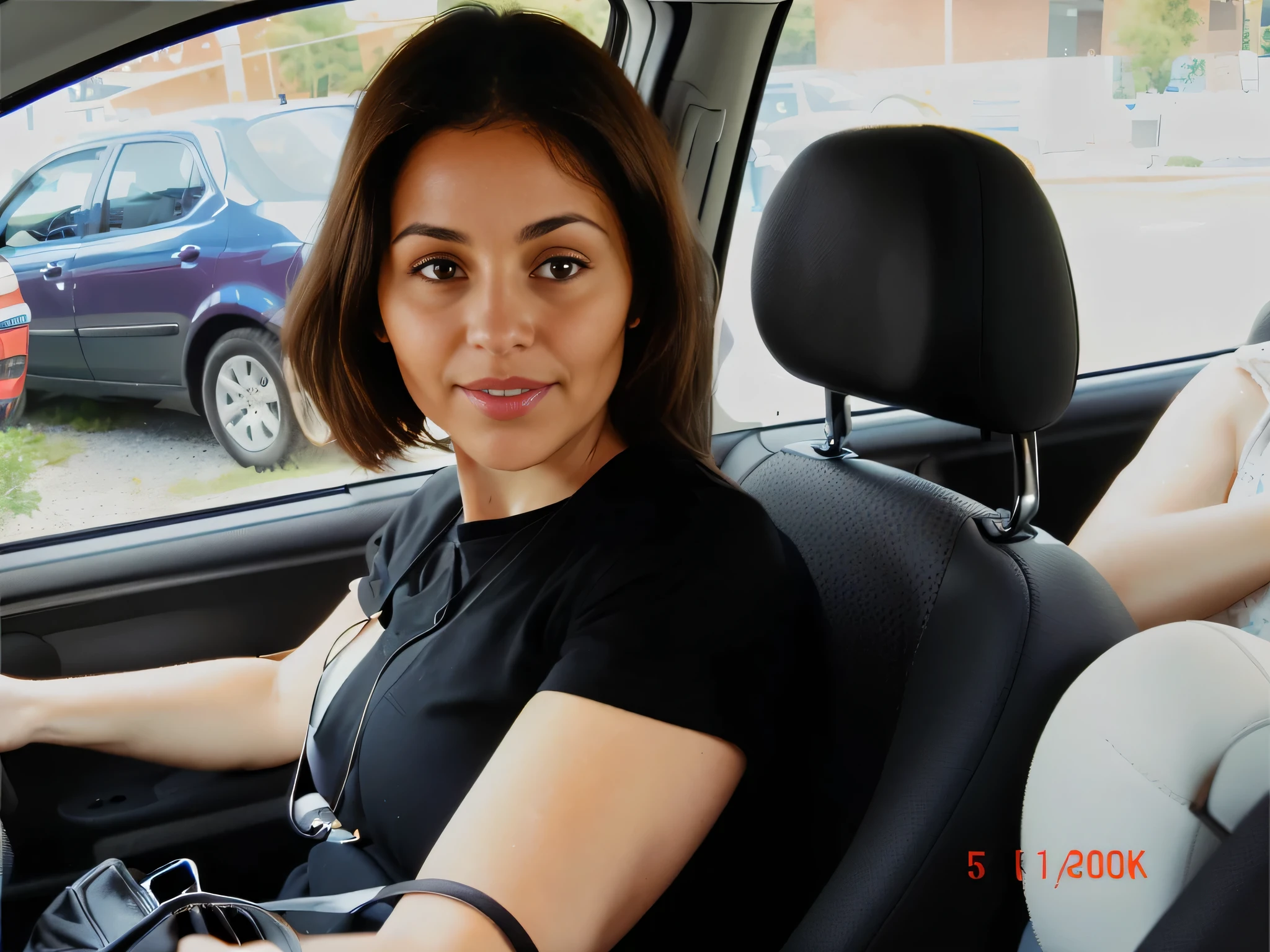 arafed woman sitting in a car with a cell phone in her hand, foto pov, dirigindo a car, sentada no carro dela, dirigindo, documentary yet. Mulher com pele branca bronzeada e cabelos escuros. ela tem cerca de 35 anos. high resolution, alta qualidade, obra de arte, 8k. Mulher com pele branca bronzeada e cabelos escuros. ela tem cerca de 35 anos. high resolution, alta qualidade, obra de arte, 8k.