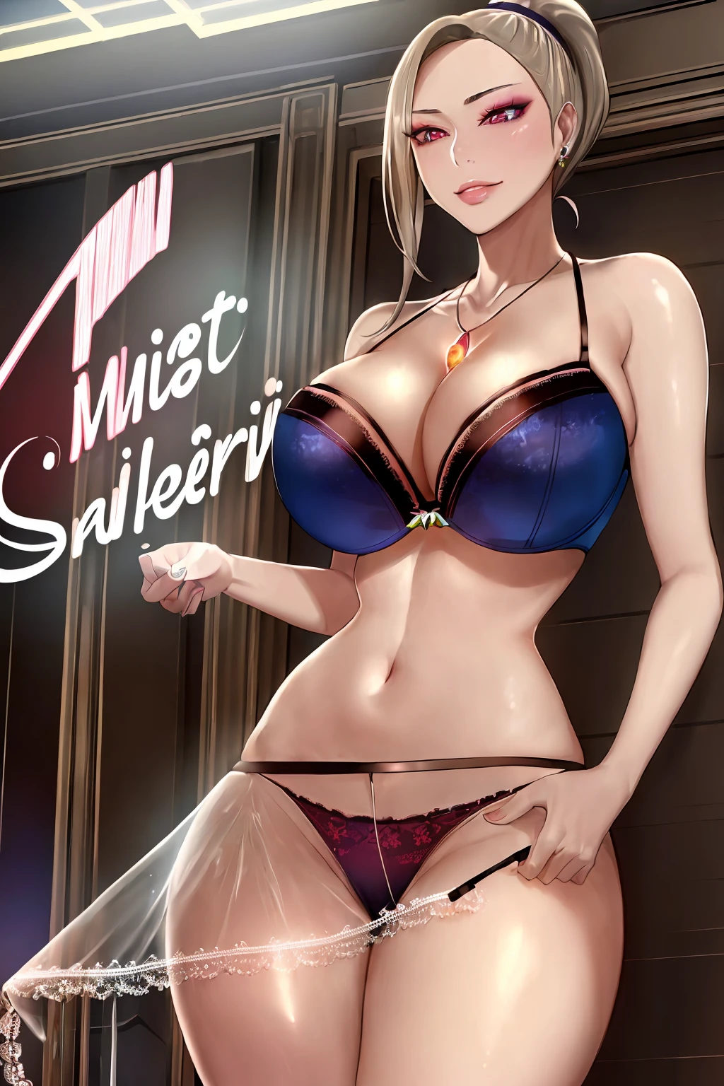 ((masterpiece, best quality, highest resolution, extremely detailed))
One supermodel in a dark room wearing (lab coat and lace bra), gem pendant, jewelry , gigantic breasts, sensual , makeup, bioluminescent, slight smile, ponytail